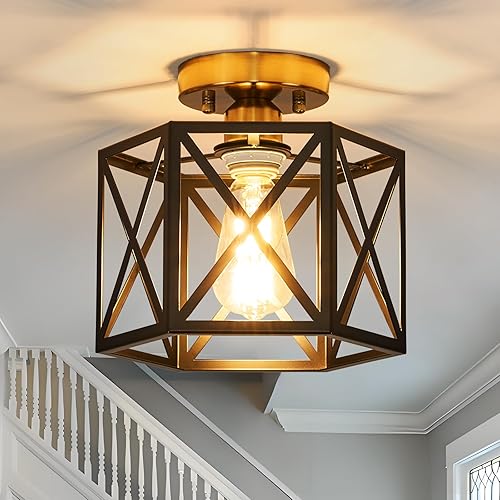 Miniatura 13 de Moderna lámpara de techo negra de granja, lámpara de techo industrial semiempotrada, accesorios de iluminación hexagonales para cocina, dormitorio