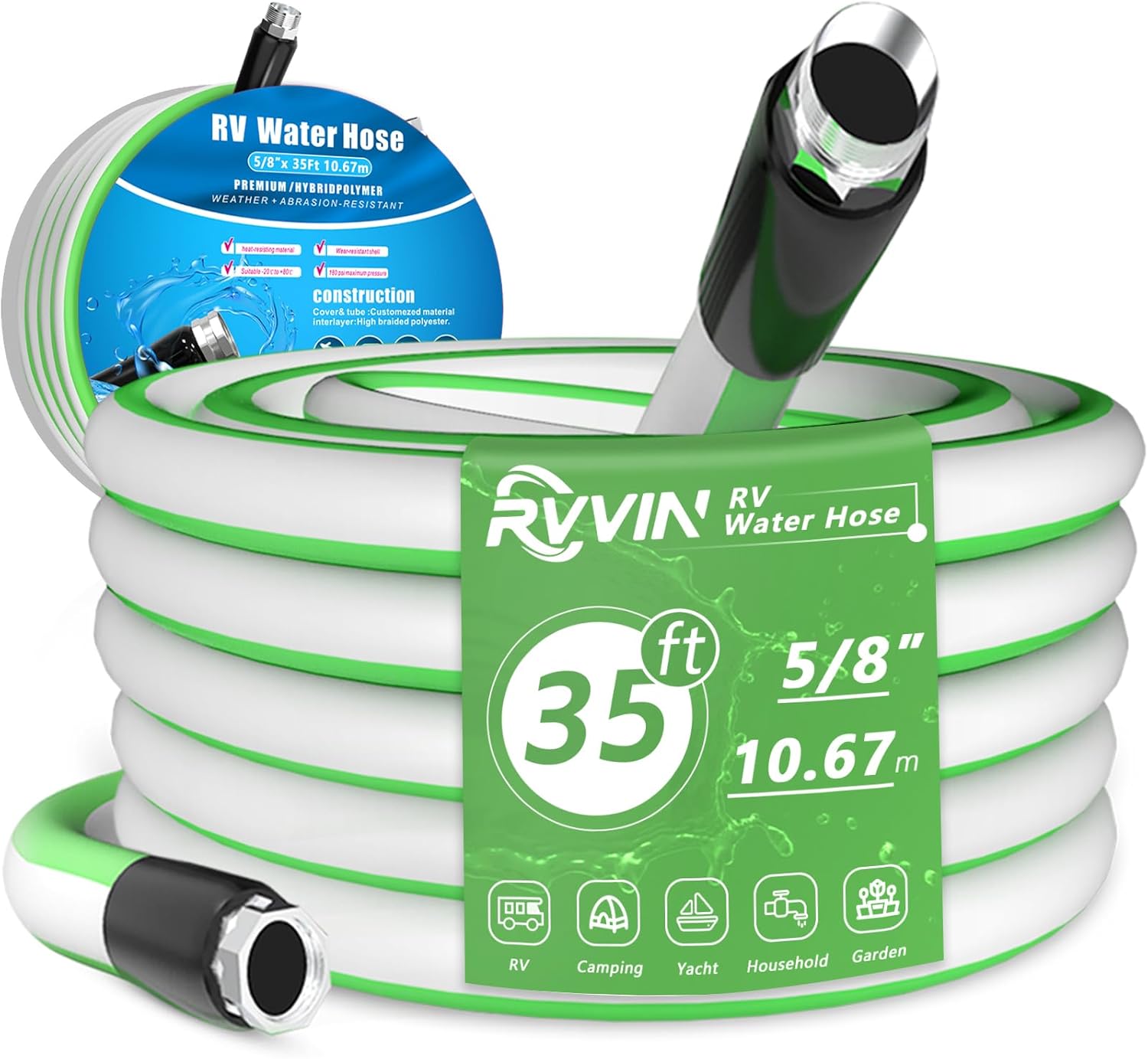 RVVIN 35 FT RV Water Hose, 5/8'' Diameter, New Upgraded Splicing Drinking Water Tube Garden Hose