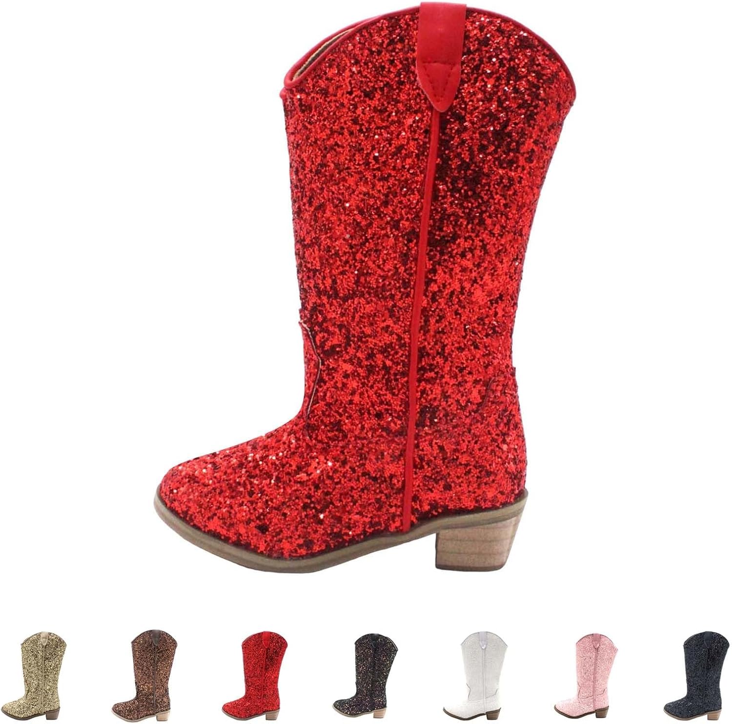 CowgirlRiding Boots for Girls Glitter Sequin Side Zipper High Heel Non-𝐒lip Fashion Boots Princess Dress Shoes
