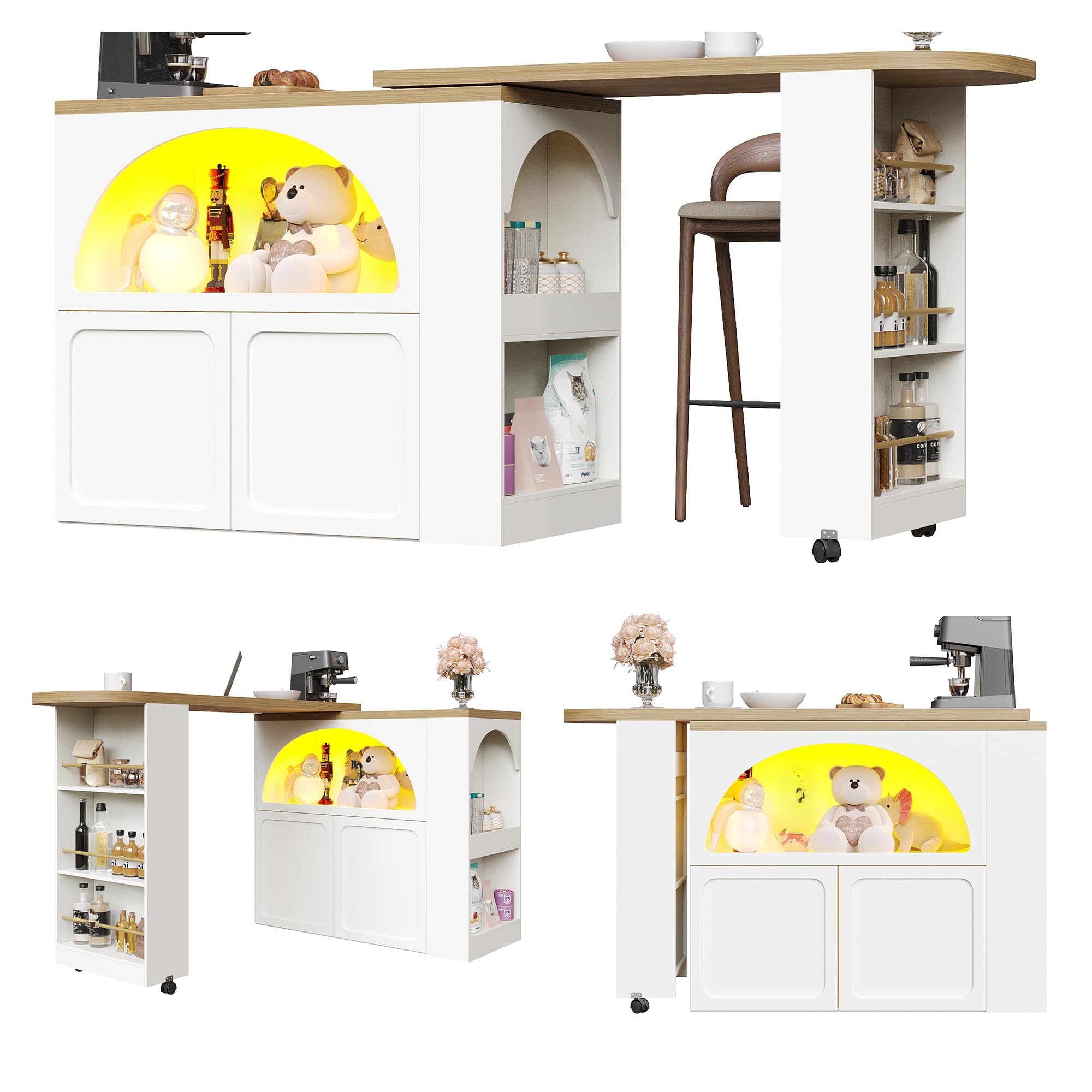 Tavolo bar bianco 135-205 cm penisola cucina estensibile telescopica luci LED musica porta USB ruote bloccabili porte arco ammortizzate mdf solido carico 60kg per salotto sala da pranzo ufficio