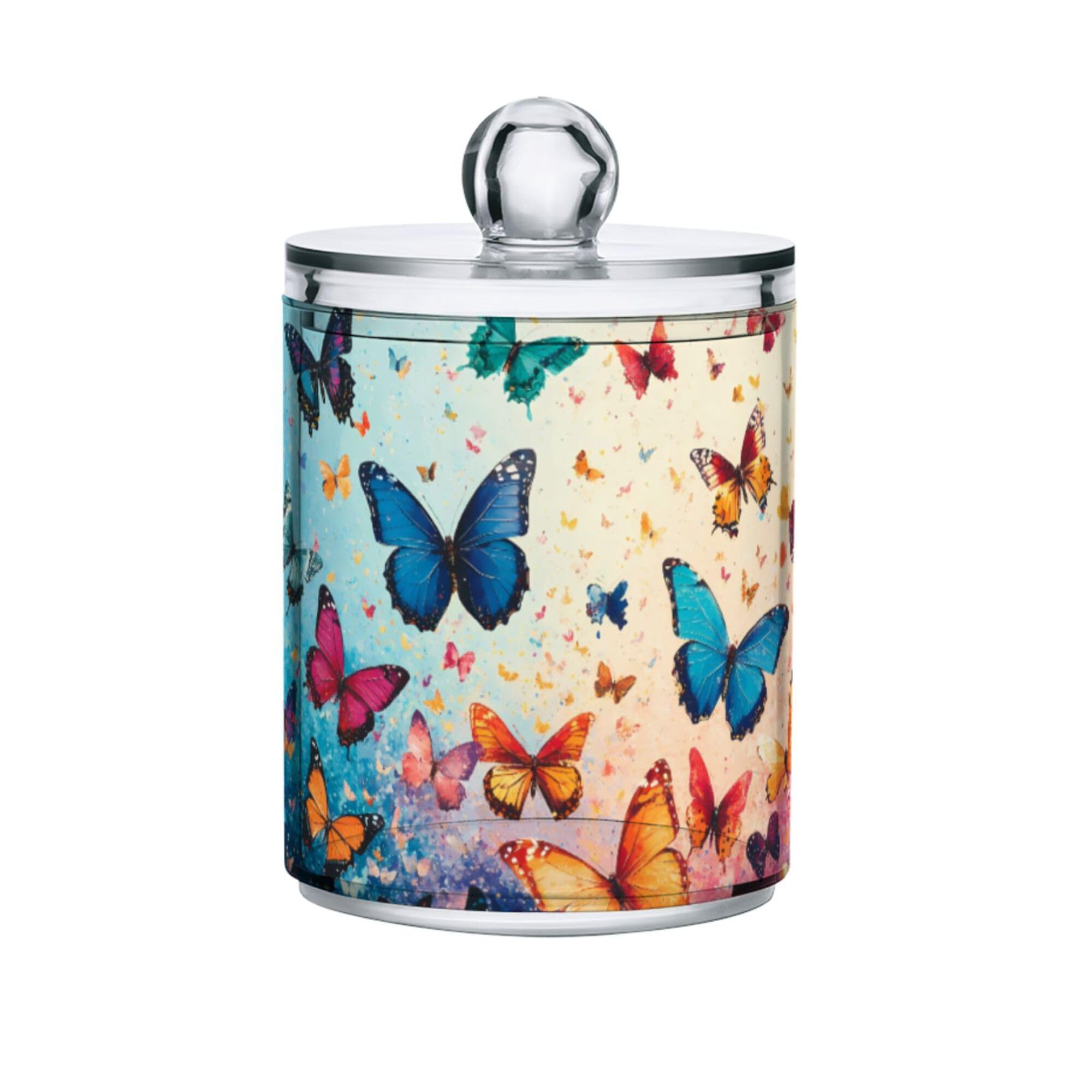 MNSRUU 2 Pack Qtip Holder Organizer Dispenser Beautiful Butterflies Bathroom Storage Canister Cotton Ball Holder Bathroom Containers for Cotton Swabs/Pads/Floss