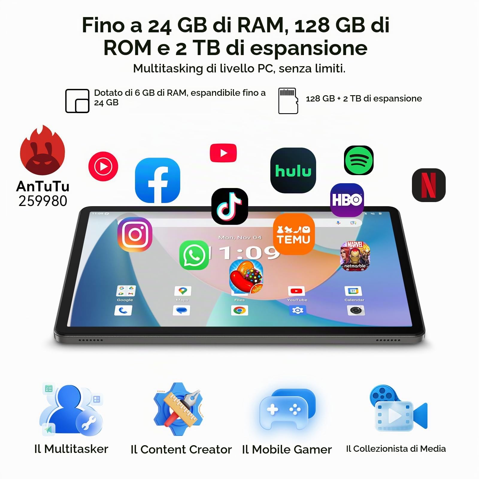 TABWEE T50 Tablet 11 Pollici Android 16-24GB RAM + 128GB ROM (2TB TF), 8000mAh, Display 90 Hz, Tablet PC Unisoc T7250 Octa Core, 13MP+8MP, WiFi 5G/Widevine L1/GPS/Gemini AI/OTG