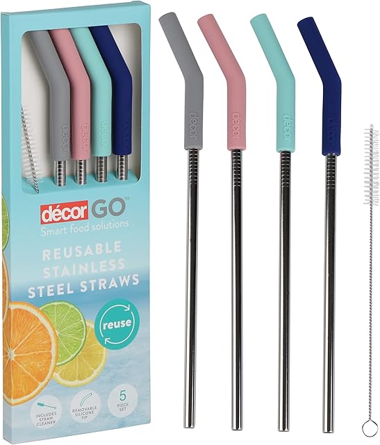 Décor Go Reusable Stainless Steel Metal Straws with Silicone Mouth Piece & Cleaning Brush - Eco Friendly Drinking Straws for Milkshakes, Cocktails - 5 Piece Set
