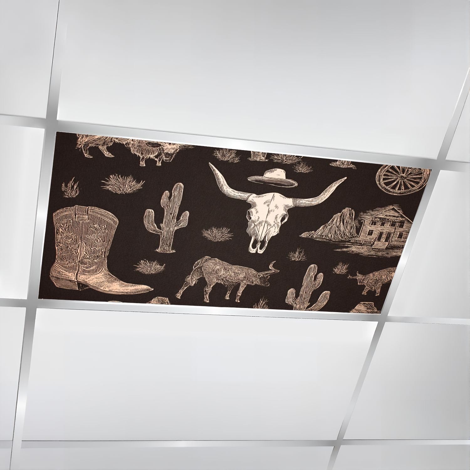 6 Pcs Fluorescent Light Covers for Ceiling Lights Western style seamless dark brown cactus wheel horseshoe bull Magnetic Decorative Shade Filters 4x2 ft for Classroom Office Hospital Decor