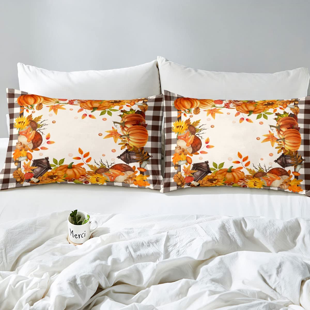 Juego de ropa de cama de Acción de Gracias, juego de cama de champiñones calabazas, tamaño King, funda de edredón geométrica de búfalo a cuadros de color marrón, decoración de otoño para el hogar,