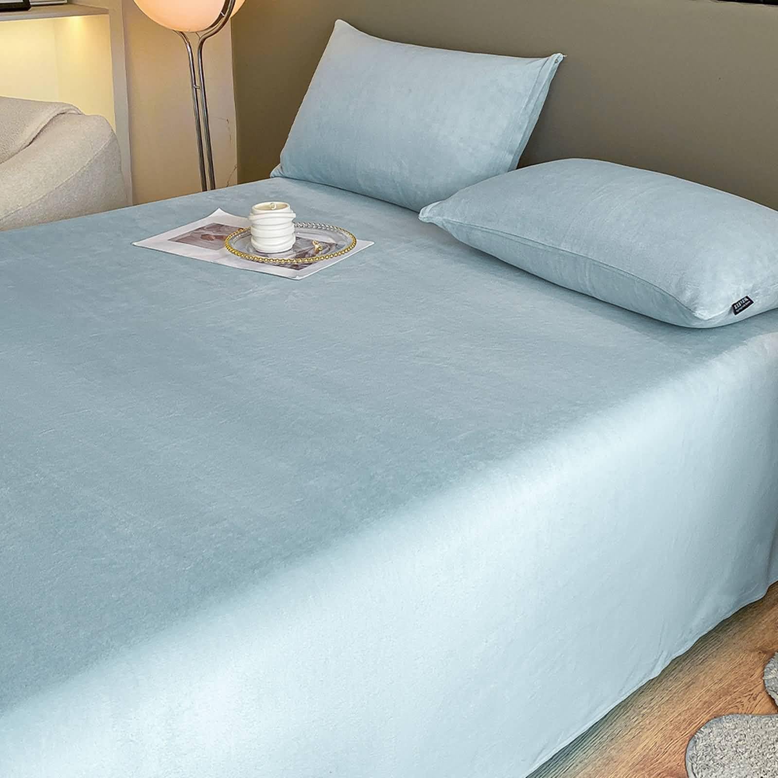 Completo Lenzuola Matrimoniale, Lenzuolo da Letto e 2 Federe Velluto di Latte Tinta Unita Invernale Lenzuola Sopra Traspirante, Morbido, 240x270 CM, Blu Chiaro Verde