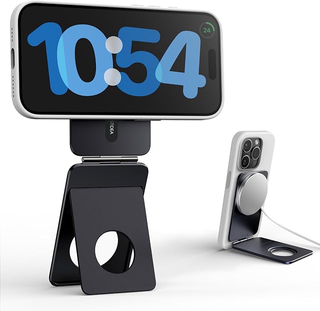 1ST IDEA Support de téléphone en alliage d'aluminium compatible avec iPhone 16/15/14/13/12 Series, Support pliable pour téléphone magnétique fort, trépied de poche à réglage d'angle multifuctionnel (noir)
