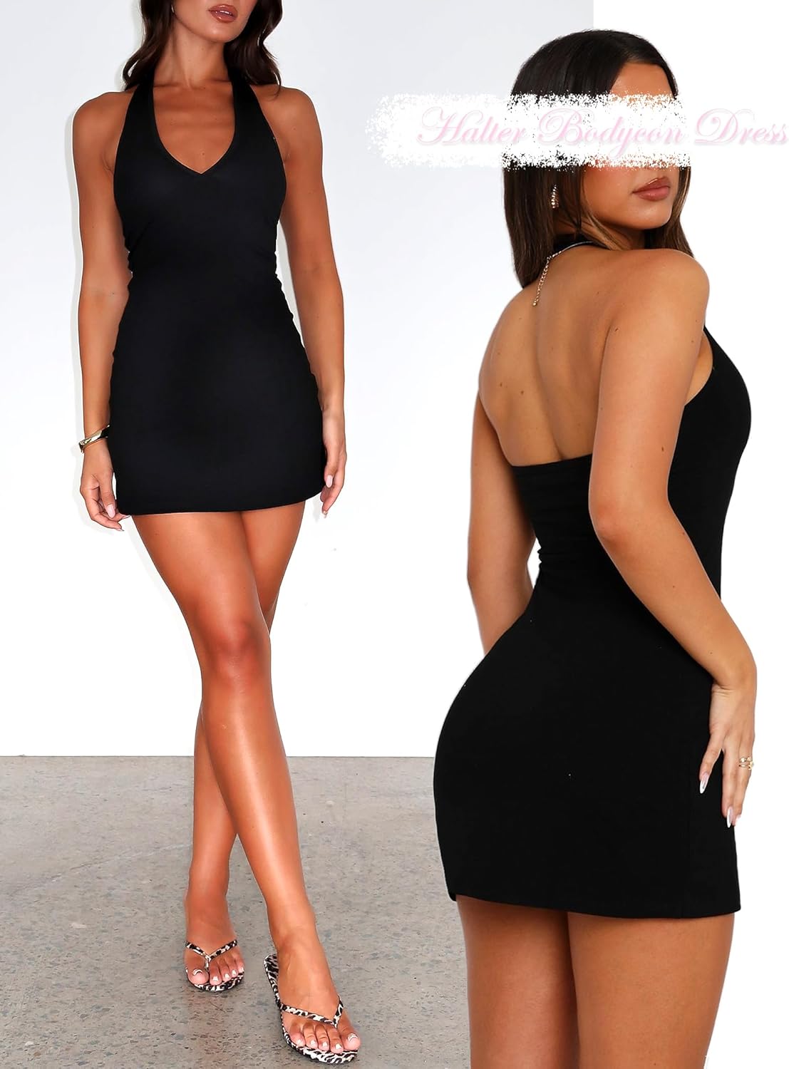 OZICERD Bodycon Halter Mini Dresses for Women Going Out Club Dress Backless V Neck Summer Short Dress Cocktail Party Dresses - Image 7