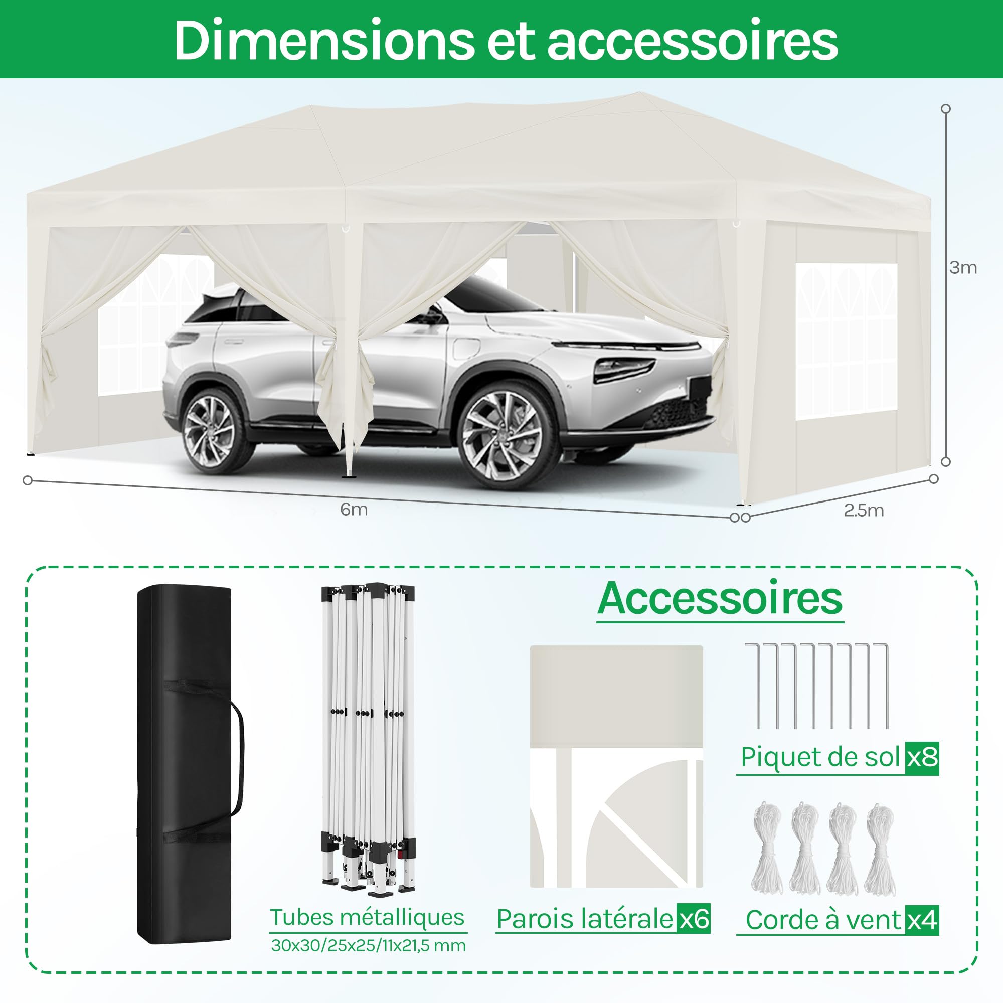 Laneetal Tonnelle de Jardin Pliante 3x6m, Tente de Réception Pop-up, Pavillon en Métal, avec 6 Parois Latérales et 4 Fenêtres, pour Camping Fête Plage, Beige