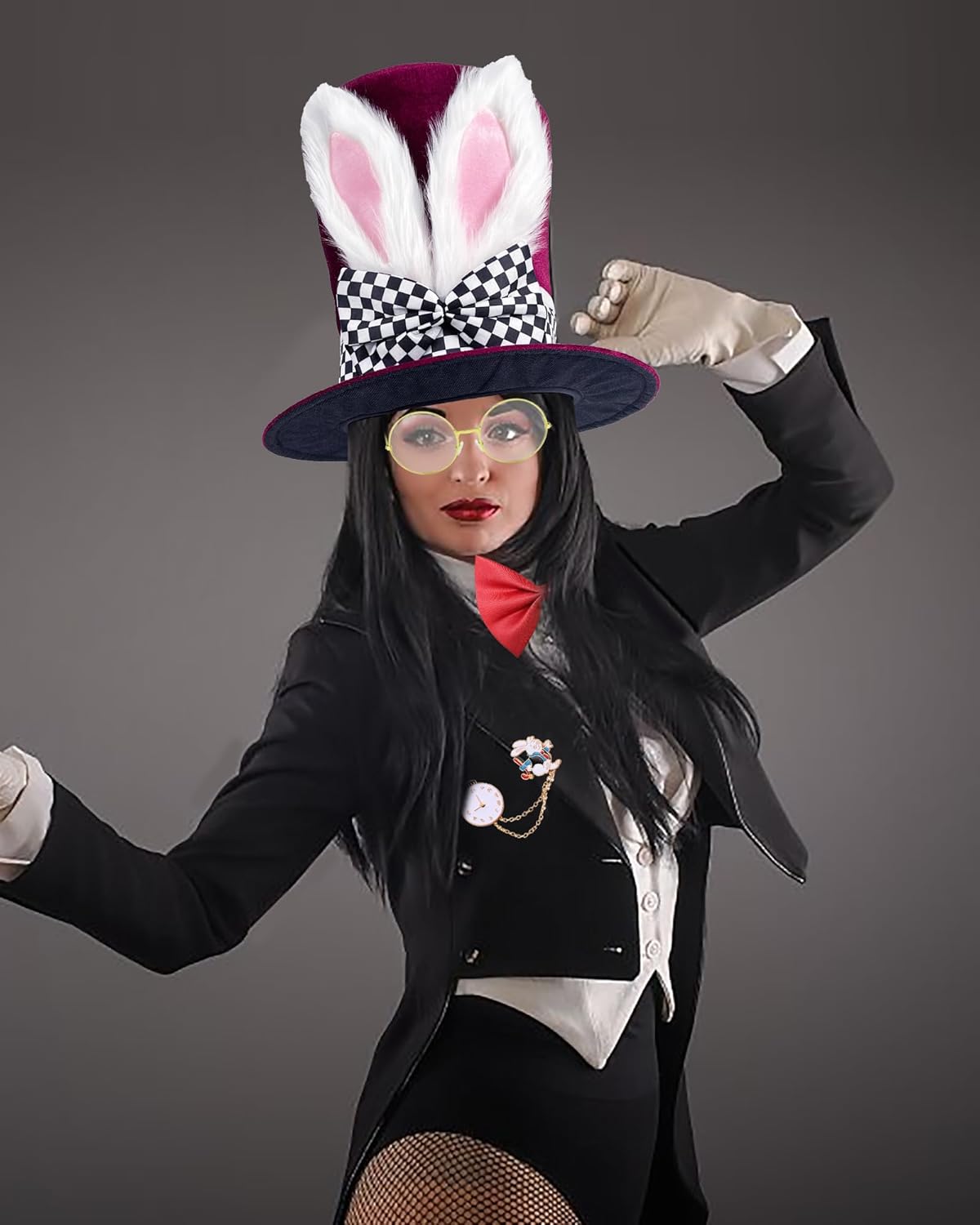 White Rabbit Costume Bunny Ear Top Hat Rabbits Ears Topper Plush Hat Mad Hatter Set for Easter Halloween Cosplay Accessories - Image 4