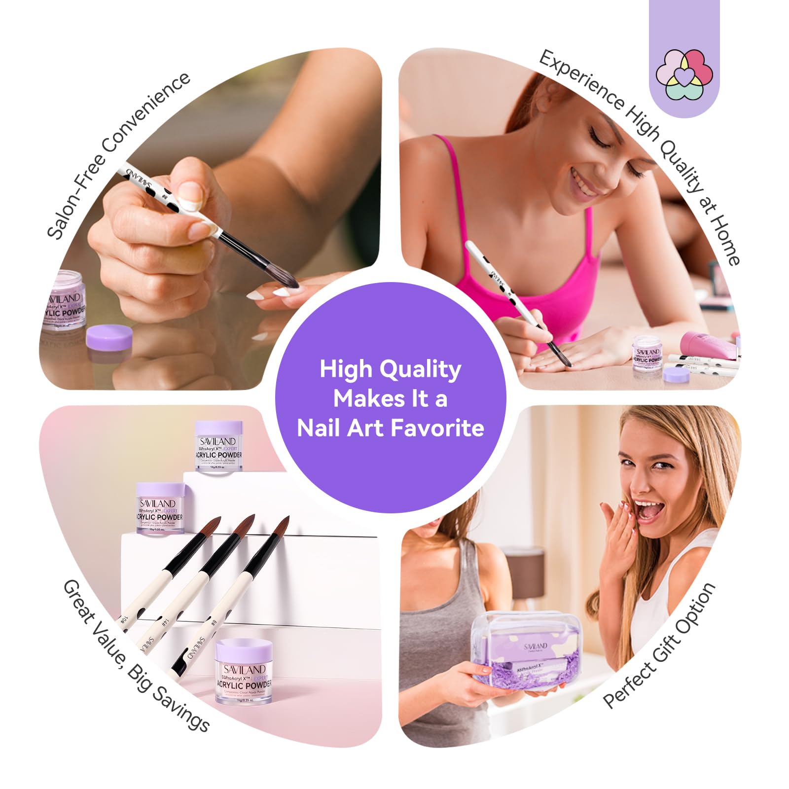 SAVILAND Kit Per Unghie Acriliche 3 Colori Polvere Acrilica e 3 Pennelli Acrilici per Unghie Misura 8/10/14 per Allungamento Unghie French Manicure 3D Scultura Unghie per Fai da Te