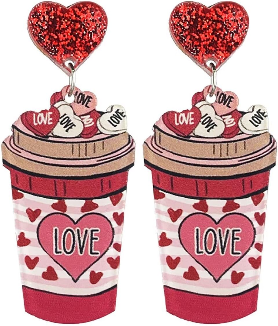 A-yeite キュートなハートピアス 女性用 レッド ピンク 猫 犬 コーヒーカップ フライドポテト アクリル ダングル ドロップ