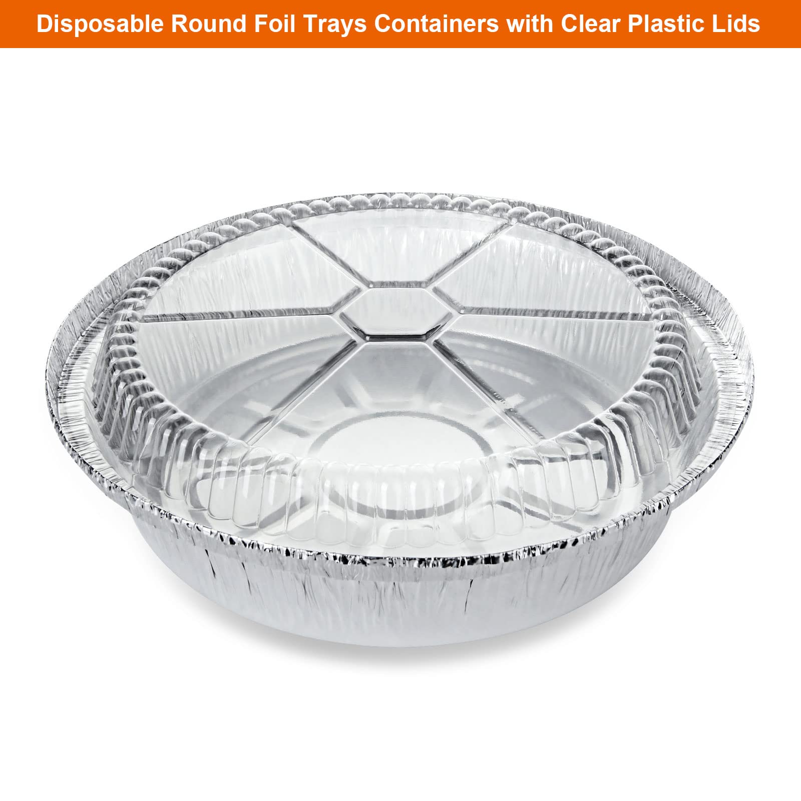 YAYODS 40 recipientes de aluminio de 12 pulgadas, bandejas redondas desechables con tapas de plástico transparente, fundas de aluminio duraderas y de grado alimenticio para hornear alimentos y