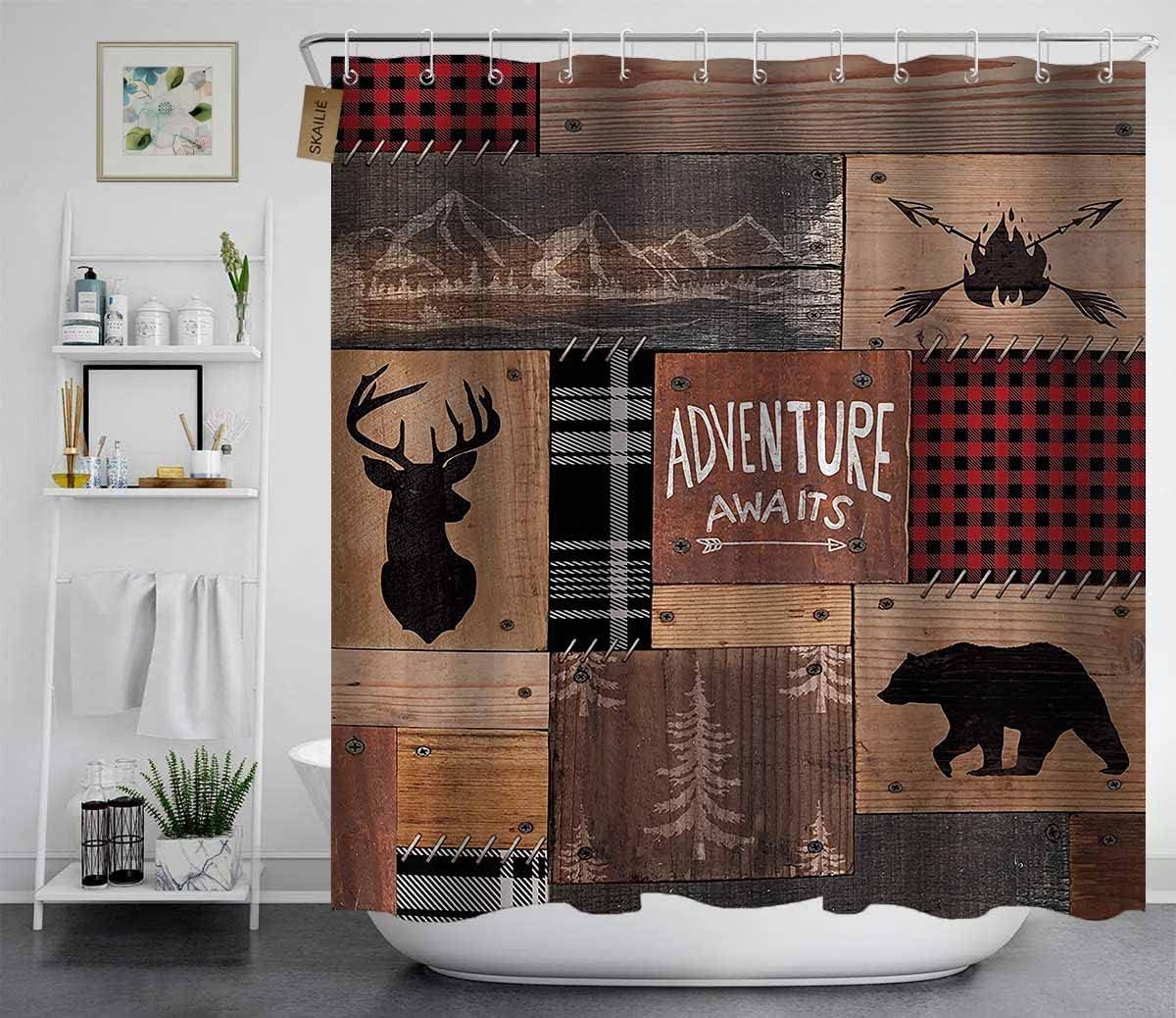 4PCS Cabin Shower Curtain Set, Red and Black Plaid Patchwork Campfire Elk Moose Deer Antlers Country Wildlife Vintage Rustic Farmhouse Adventure Awaits Hunting Bathroom Decor Non-slip Bath Mat