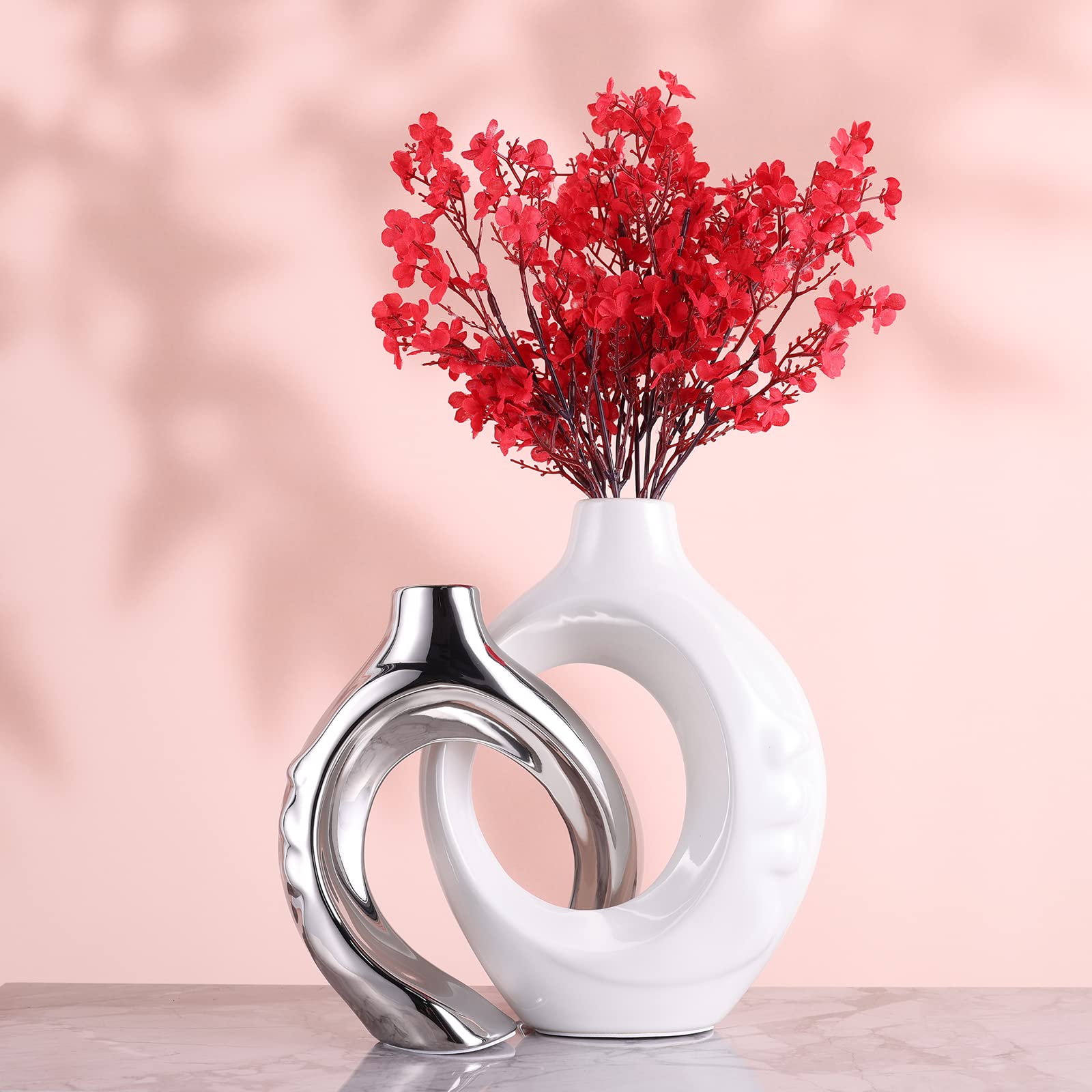 White and Silver Hollow Ceramic Vase Set of 2- Modern Vases for Decor ...