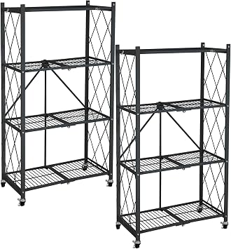 Origami 2-Pack 4-Tier Foldable Storage Shelves, Heavy Duty Shelf Rack with Wheels, Black