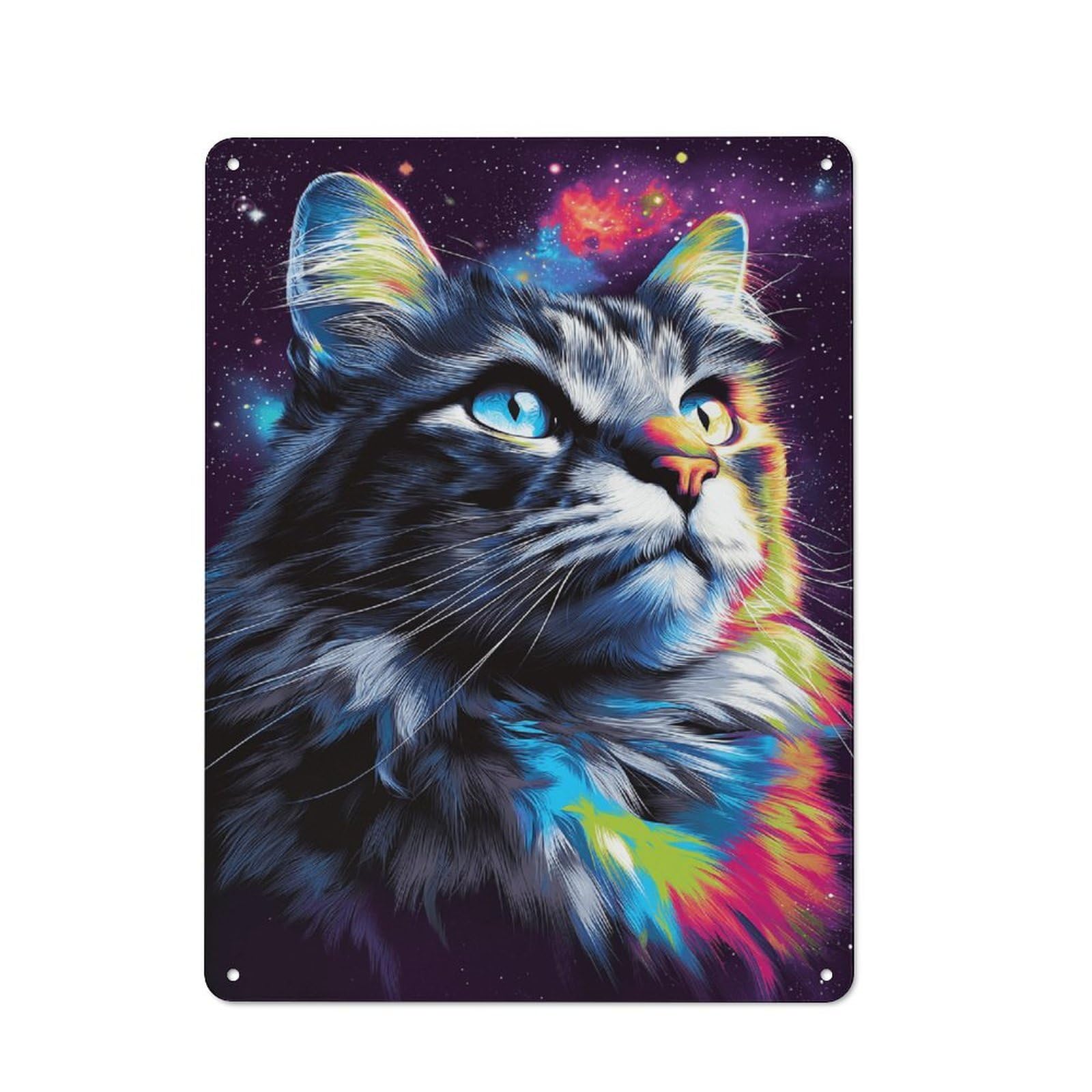 Metal Wall Sign with Galactic Cat Portrait Design 40x30cm, Loft Style Studio Wall Art for Flat, Bar, Studio Or Gallery Wall