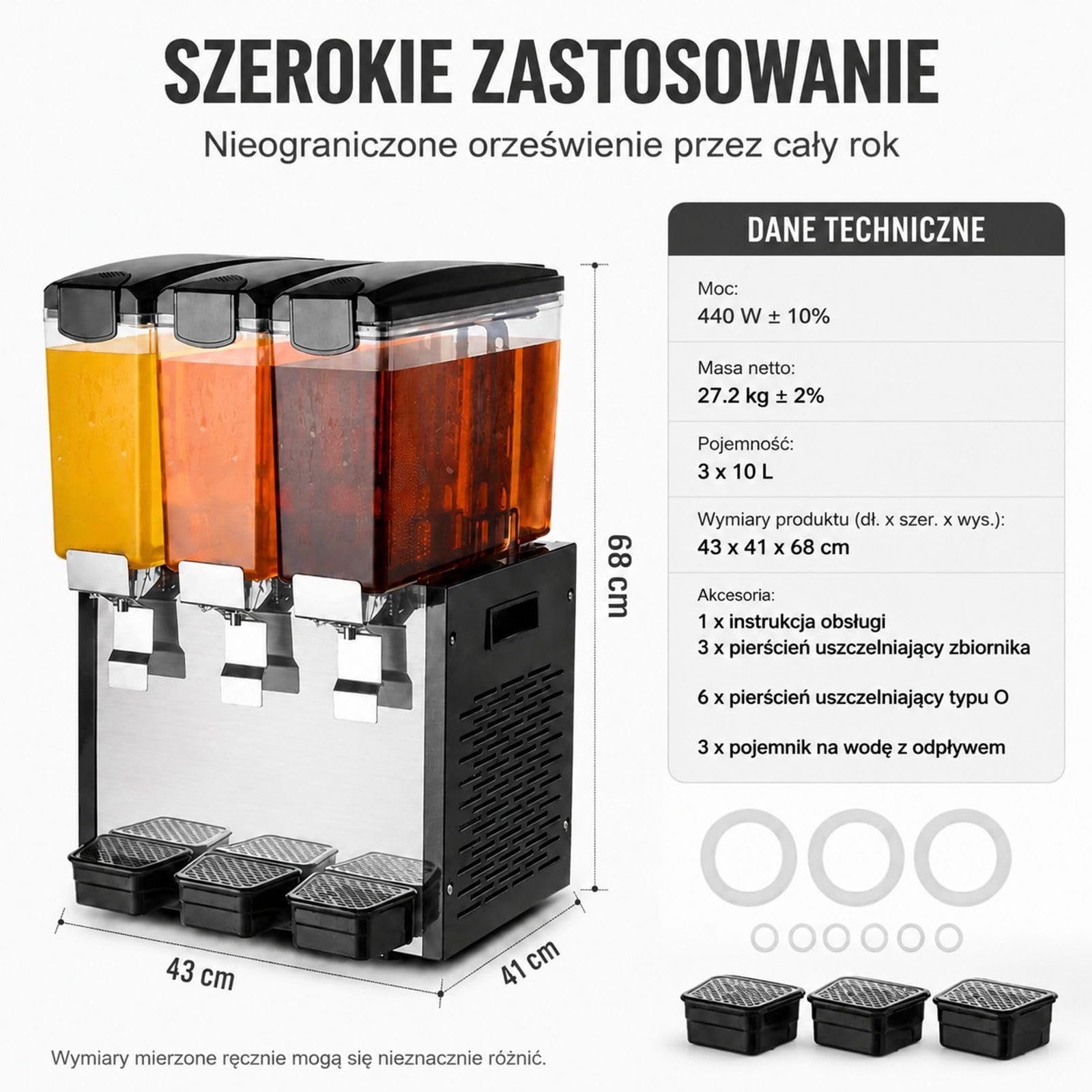 Komercyjny dozownik napojów z 3 zbiornikami, 3 x 10 l, stal nierdzewna, 440 W, do soków, lemoniady, herbaty mrożonej, restauracji, baru, bufetu, cateringu