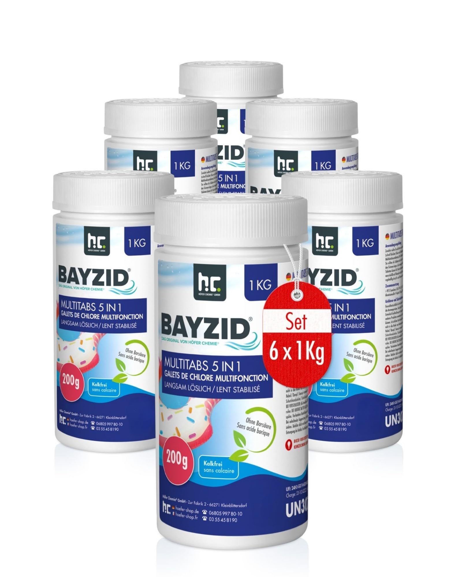 Höfer Chemie BAYZID® Galets de Chlore 6 x 1 kg pour Piscine - Désinfection, pH Régulé, Anti-Algues, Anti-Calcaire, Flocu