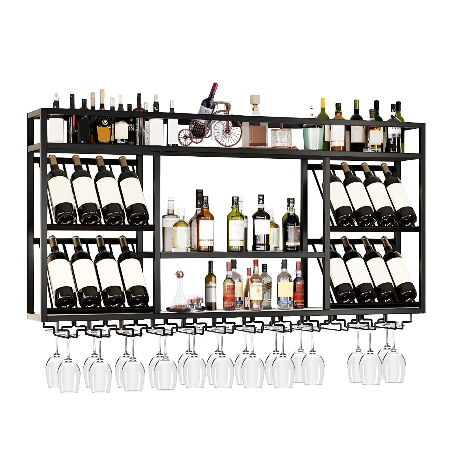 RAJYQODIS Wall Mounted Wine Racks with Glass Holder, 3 Tier Wine Storage Display Rack, Floating Rustic Metal Bar Liquor Shelves, for Home Bar, Wine Kitchen Storage (Black, 39.37x27.55x9.8in)