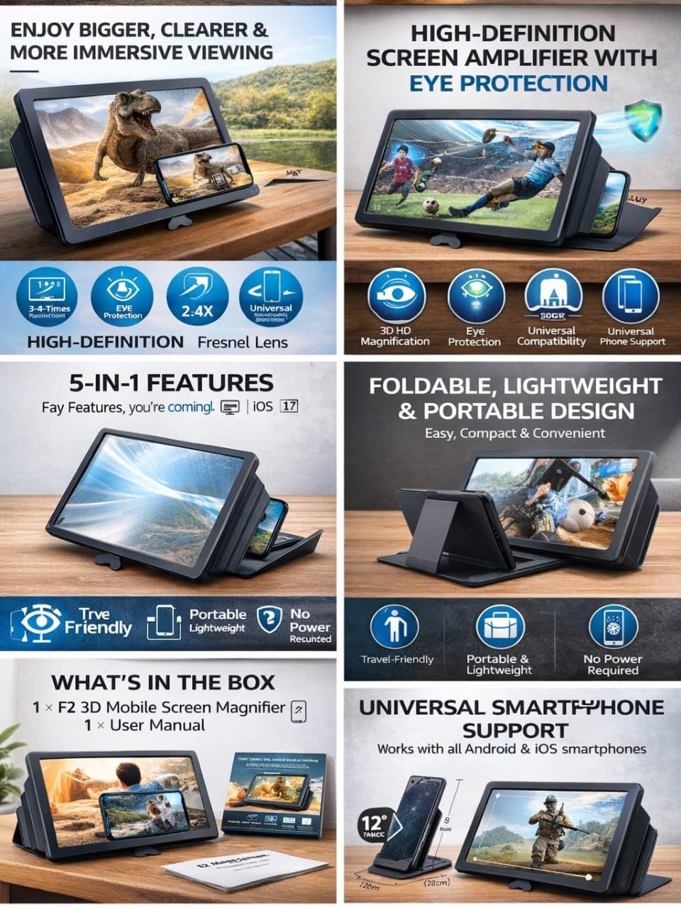 Mavo Enterprise Mobile Phone Screen Magnifier 3D HD | Foldable Smartphone Screen Enlarger with Stand | Anti-Glare Magnifying Glass | Universal for Android & iPhone | Video, Movie & Gaming Viewer