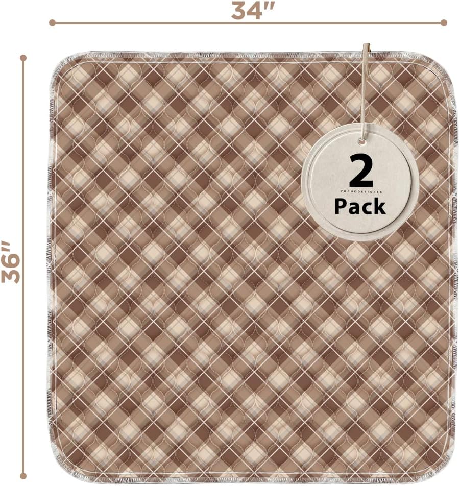 non-slip bed pads for incontinence washable (34" x 36"|2 pack), waterproof bed pads, brown grid, bed wetting pads for bed, sofa, floor, resuable underpads for adults, seniors, pet brown 34" x 36" | 2 pack