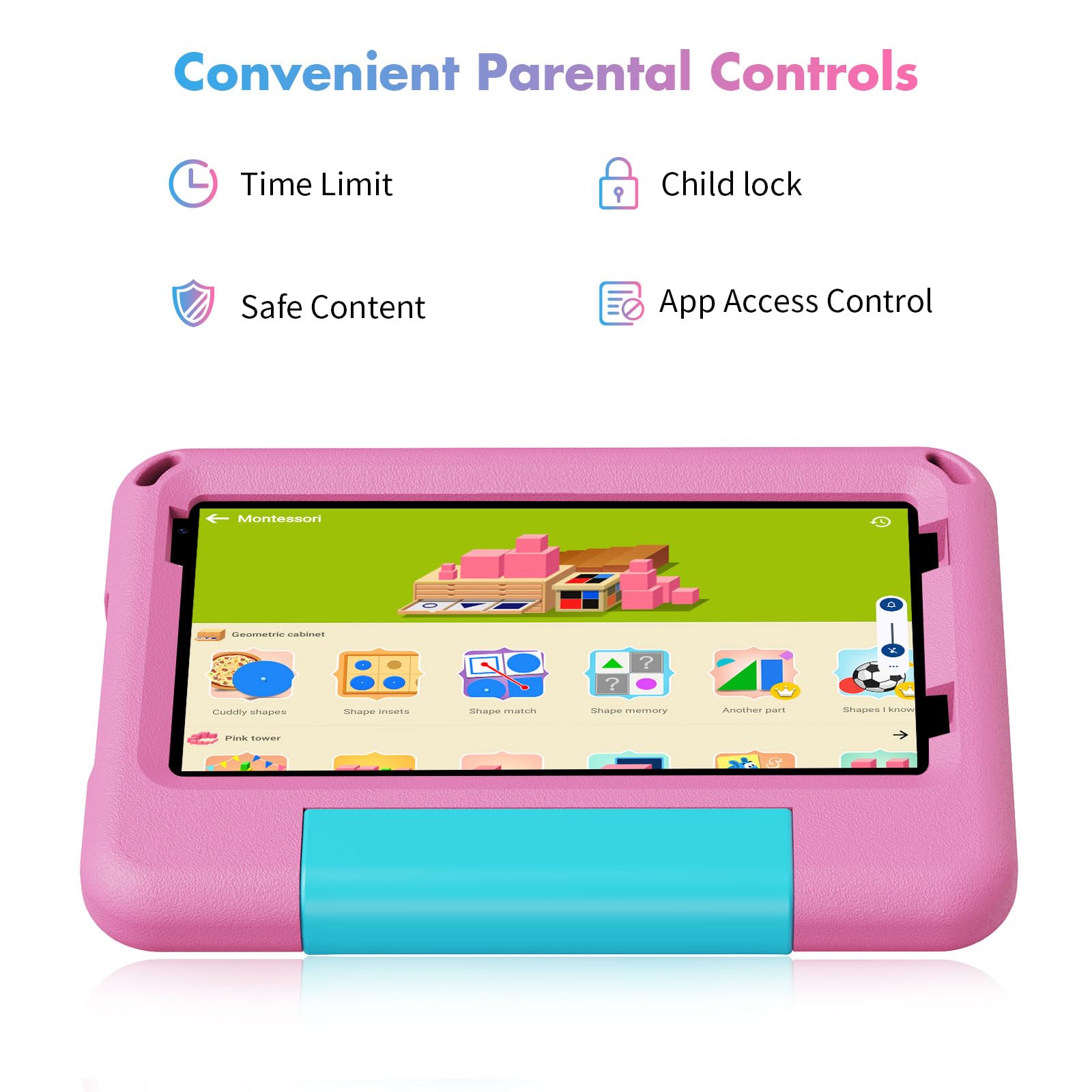 Tablet Android 15 con custodia per bambini da 7 pollici, pad da 64 GB per bambini dai 3 ai 12 anni, educazione, giochi, controllo genitori, WiFi integrato, Bluetooth, doppia fotocamera