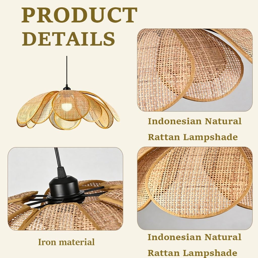 Lampa Wisząca W Kształcie Kwiatu Z Rattanu Żyrandol Z Tkanego Płatka W Stylu Boho Naturalna Lampa Wisząca Z Wikliny Lampa Sufitowa O Organicznym Kształcie W Stylu Wabi Sabi Do Salonu(80cm)