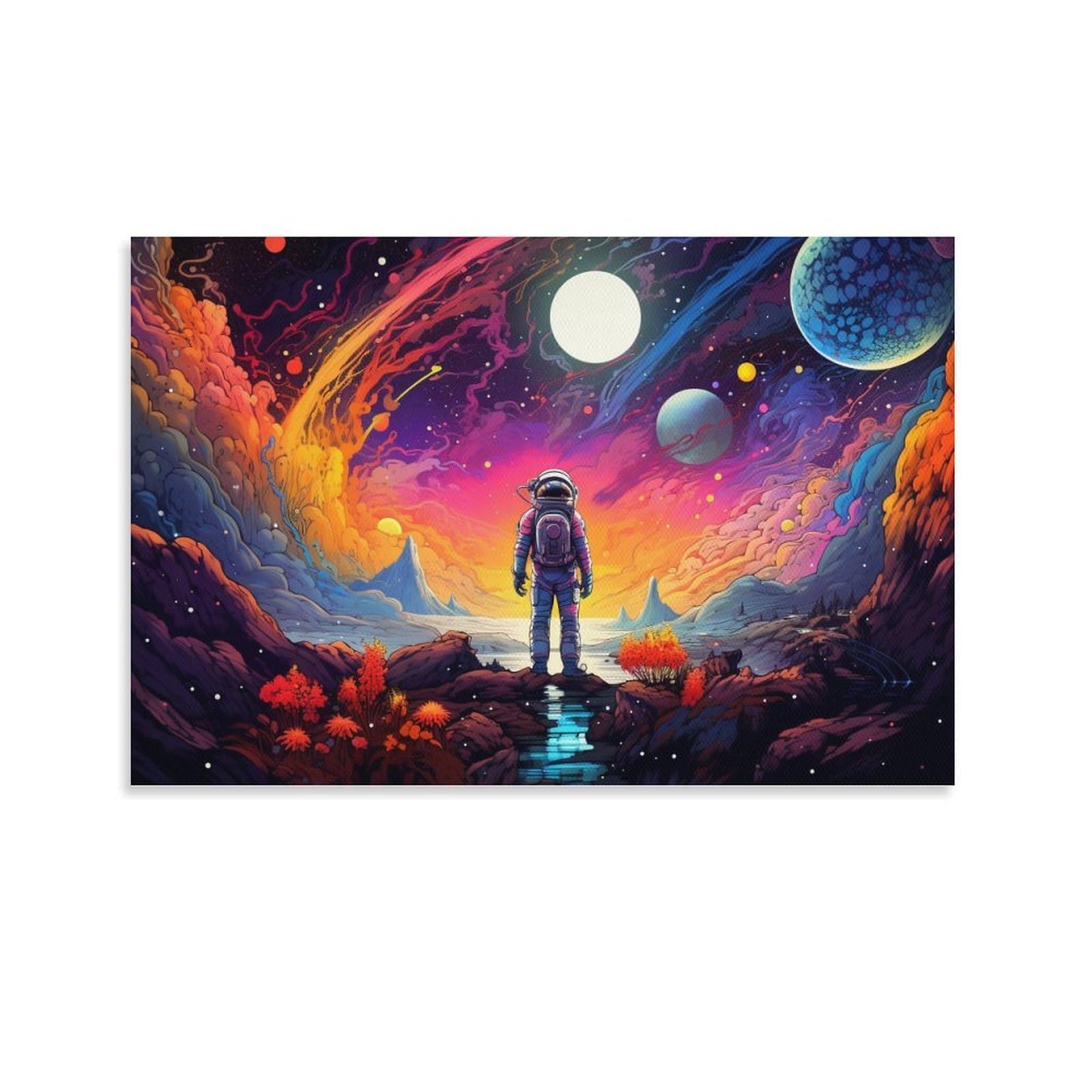CPLVKWRQJ Bright Magical Colorful Single Piece Astronaut in Cosmic Landscape Framed Wall Art - Living Room Gallery Wall Focal Point Ready to Hang Decor 20x30inch(50x75cm)
