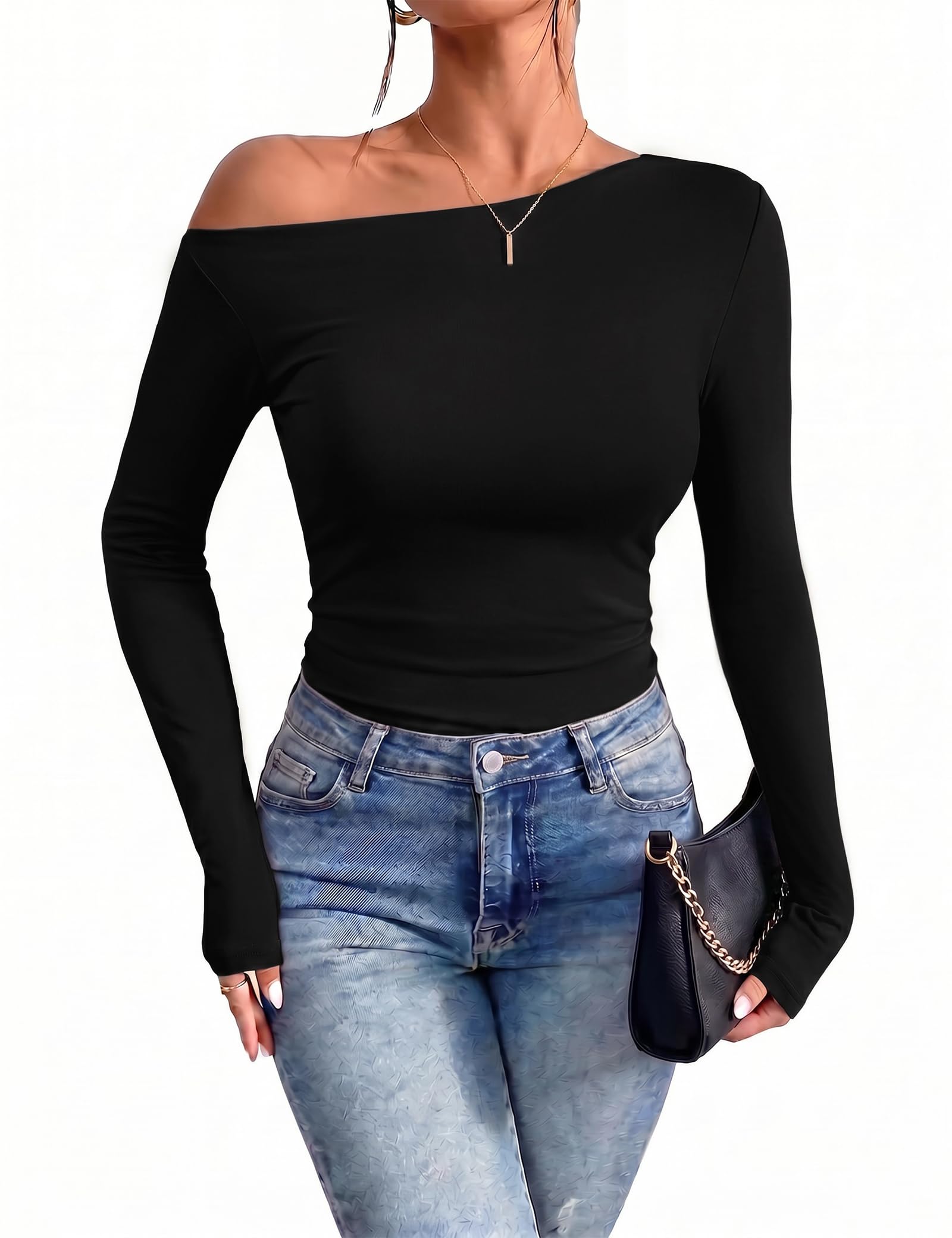 Totatuit Langarmshirt Damen Schulterfreies One Shoulder Oberteil S-XXL | weiches Modal, Sexy Shirts, breiter Ausschnitt, Figurnahe Silhouette, für Herbst Winter und Übergangszeit