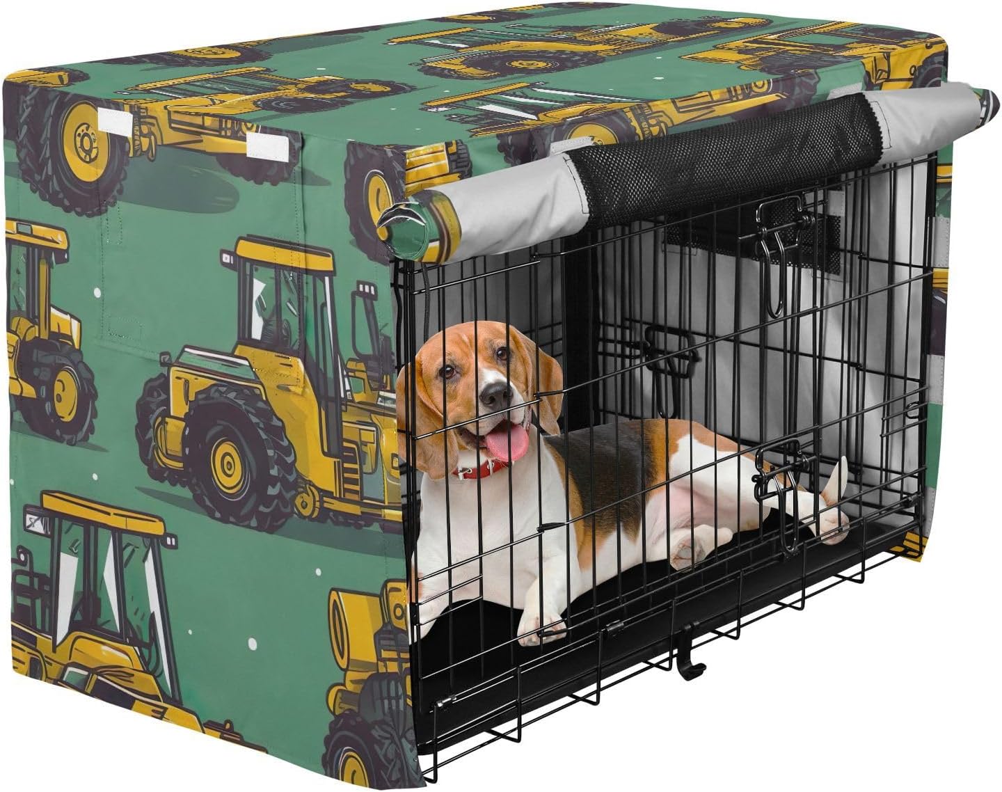 Construction Machinery Dog Crate Cover S-XL Breathable Pet Cage Cover with Mesh Windows, Reduces Barking, X-Large