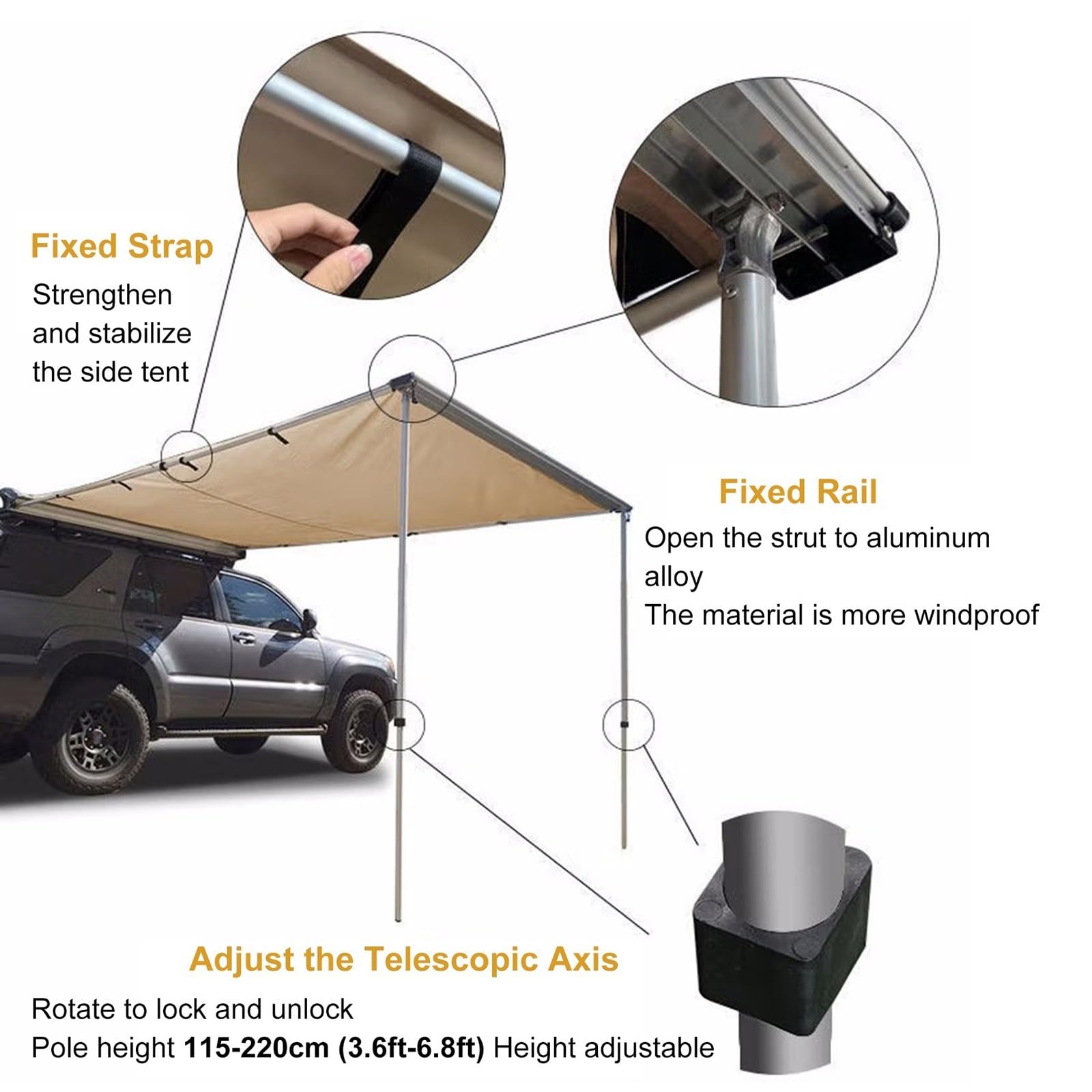 Ausziehbare Auto Markise, wasserdichte Auto Zelt Overland Camping, 420D Oxford-Stoff, Wetterfestes UV50+ Vorzelt Wohnwagen mit Tragetasche für Auto SUV Wohnwagen Camping Outdoor (Size : 160x250cm/5.2