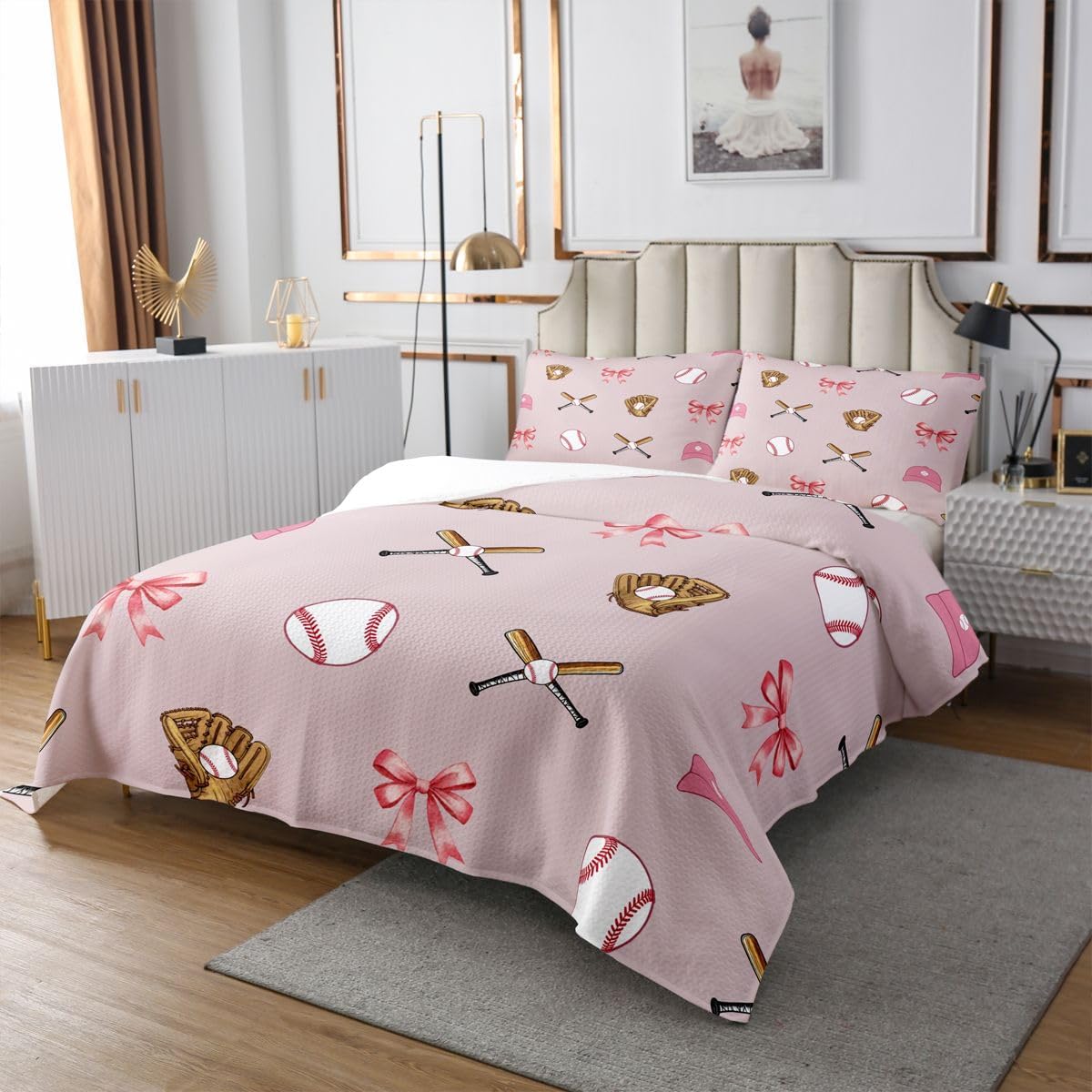jejeloiu Baseball Girl Bedspread Quilts Pink Bowknot Coverlet Set Twin Size for Kids Boys Girls Sweet Cute Bow Quilted Coverlet for All Season with 1 Pillowcase Baseball Sports Microfiber