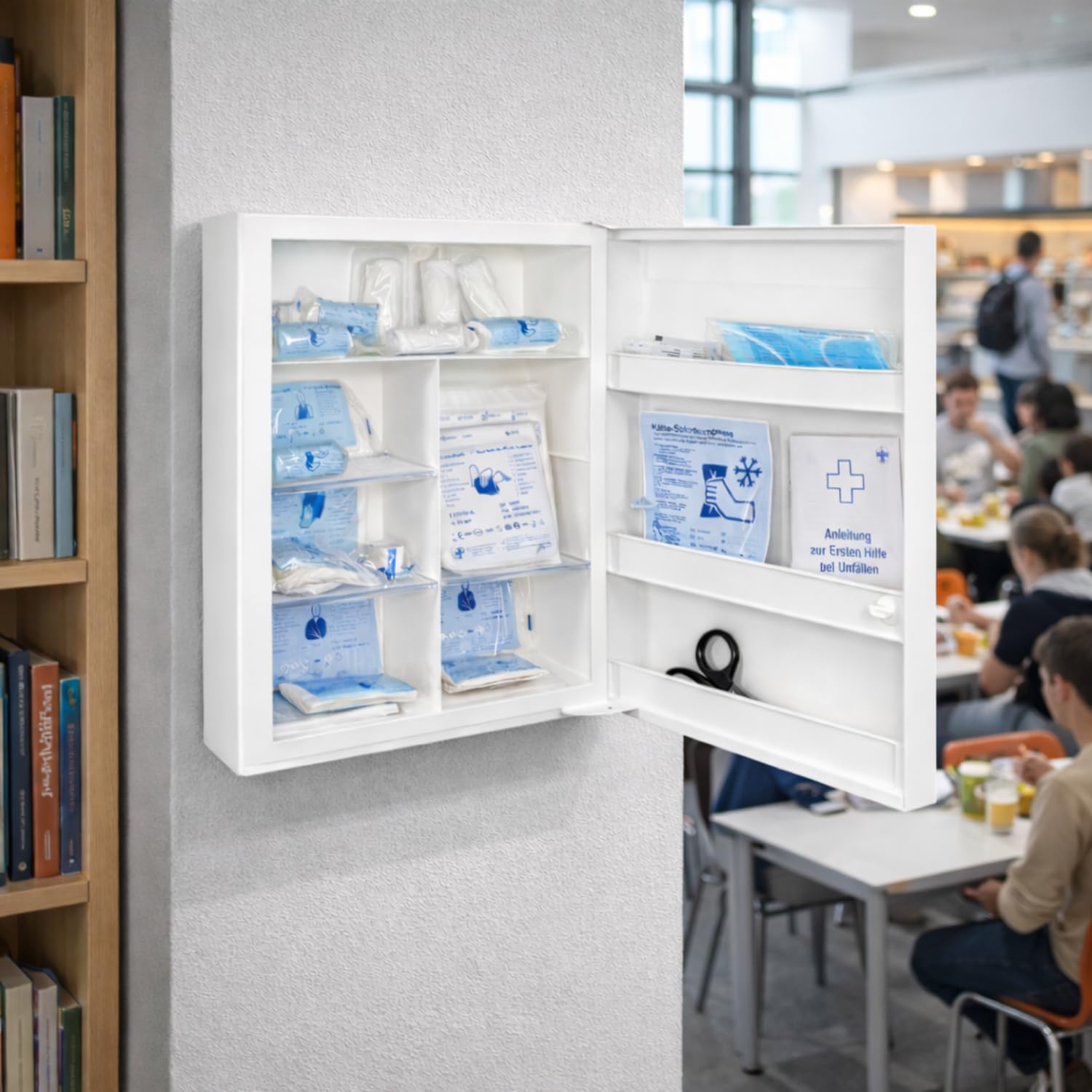 First Aid Products - Erste Hilfe Verbandschrank Kunststoff gefüllt mit DIN 13157, Medizinschrank mit 10 Fächern (4 variabel), Sicherheitsschloss – 45 x 34,5 x 16 cm - robust, kompakt & hängend Wand