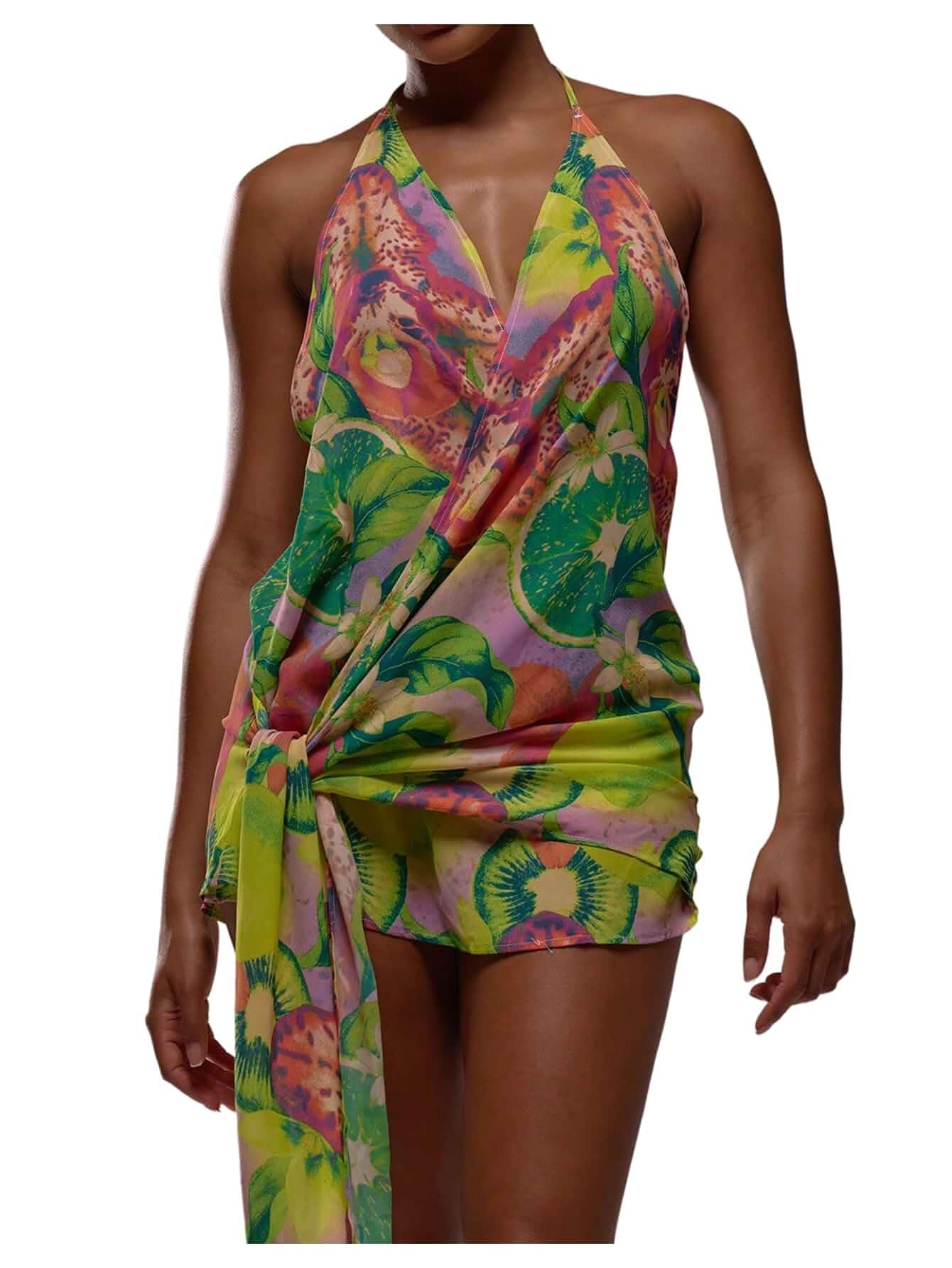 OYOANGLE Women's Floral Halter Dress Y2K Tie Backless Wrap Club Mini Dress Floral Print, Backless, Sleeveless Sundress, Sexy Dress, Tie Backless Wrap, Going Out Dresses, Y2K Dress