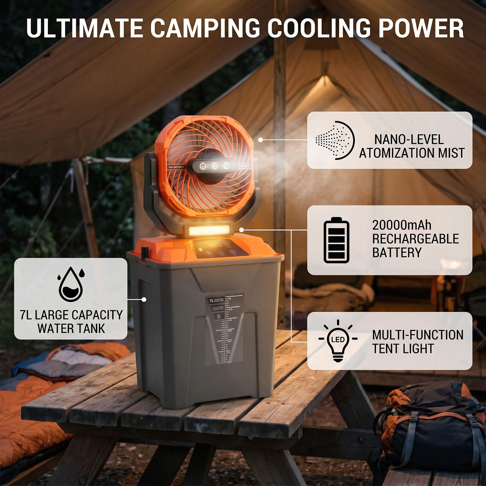 Ventilateur Brumisateur Portable, Ventilateur Oscillant Rechargeable 20000 MAh, 5 Vitesses, 4 Niveaux de Brumisation, Réservoir D Eau 7 L for Extérieur et Camping (ORANGE)