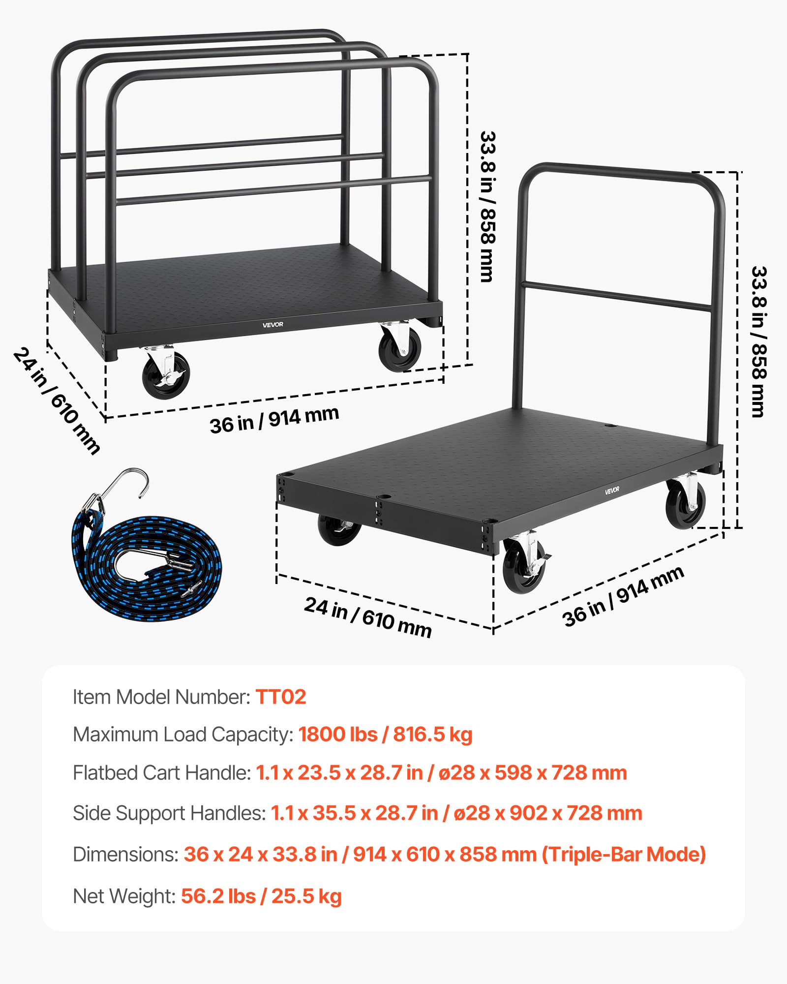 VEVOR Carro Portaplatos, Carga 816 kg, 2 en 1, Ruedas Giratorias 360°, Rodillo Portaplatos, 4 Pasamanos Laterales, Negro, 914 x 610 x 858 mm
