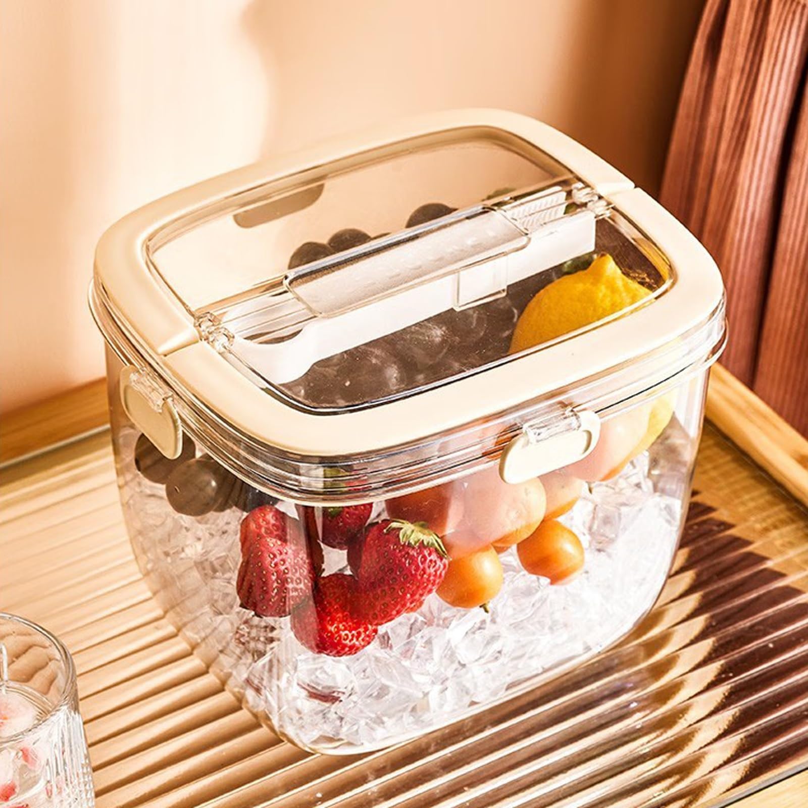 Fiesta Cubo de hielo con tapa impermeable, mango y pinza de hielo, cubo de bebidas de plástico para cena al aire libre cubo de hielo aislado enfriador(Beige)