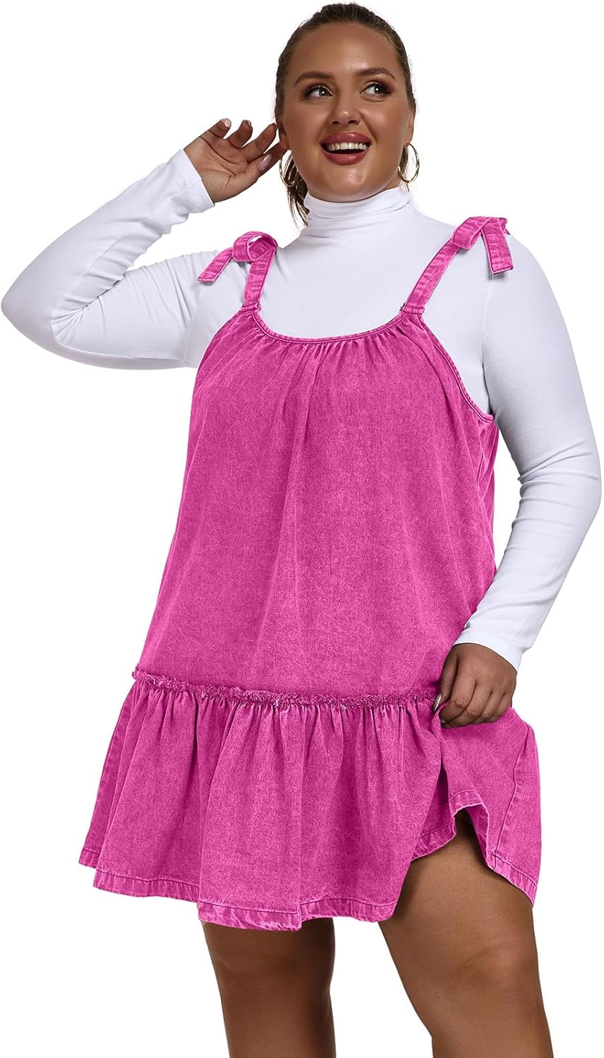 Women Denim Cami Dress Tie Shoulder Ruffle Hem Short Dresses Babydoll Wash Jean Sundress with Pocket - Image 3