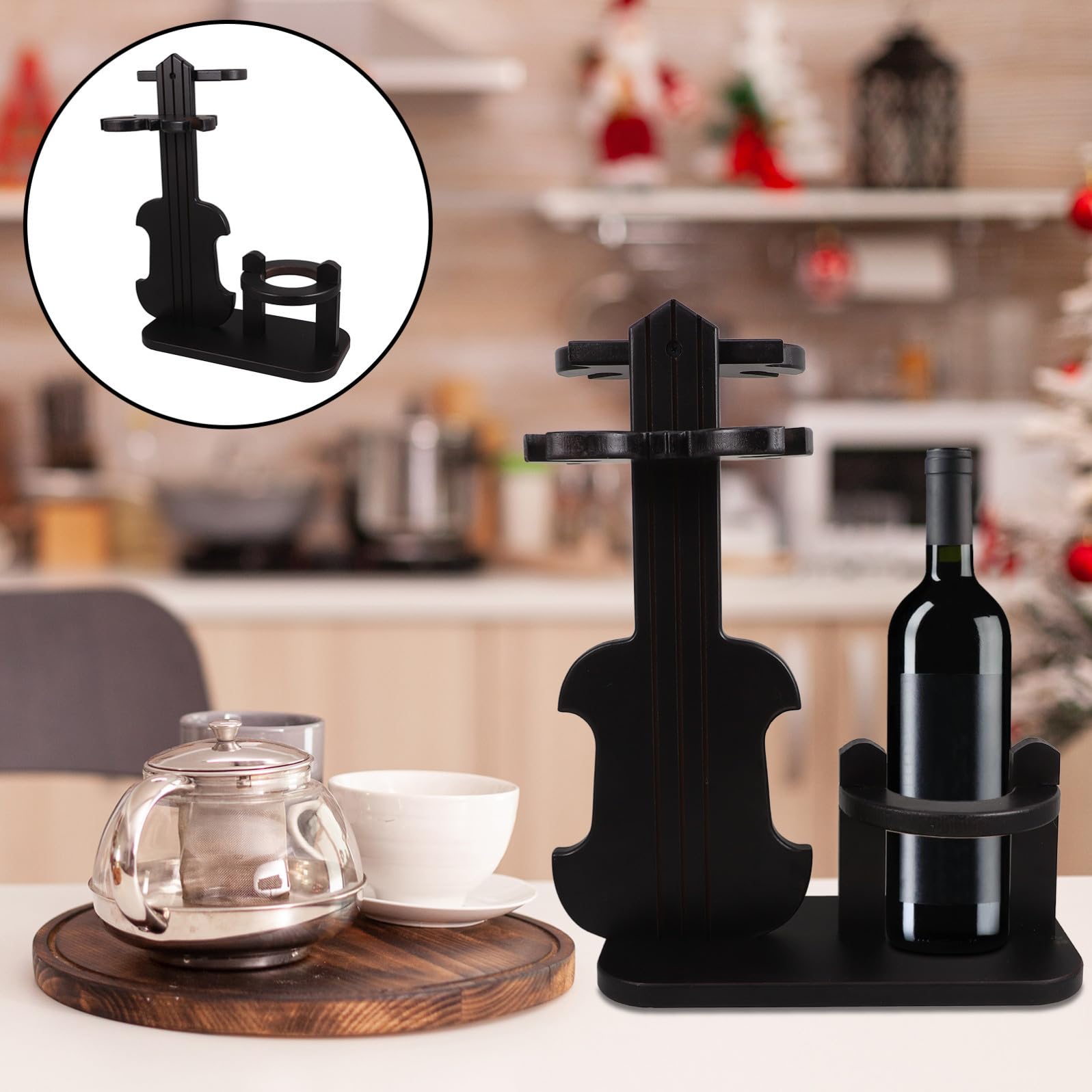 SECFOU Wine Rack Portabottiglie in Legno Forma di Violino con Portacalici Capovolti per Cucina Soggiorno Bar Arredamento Decorativo per Appassionati di Vino