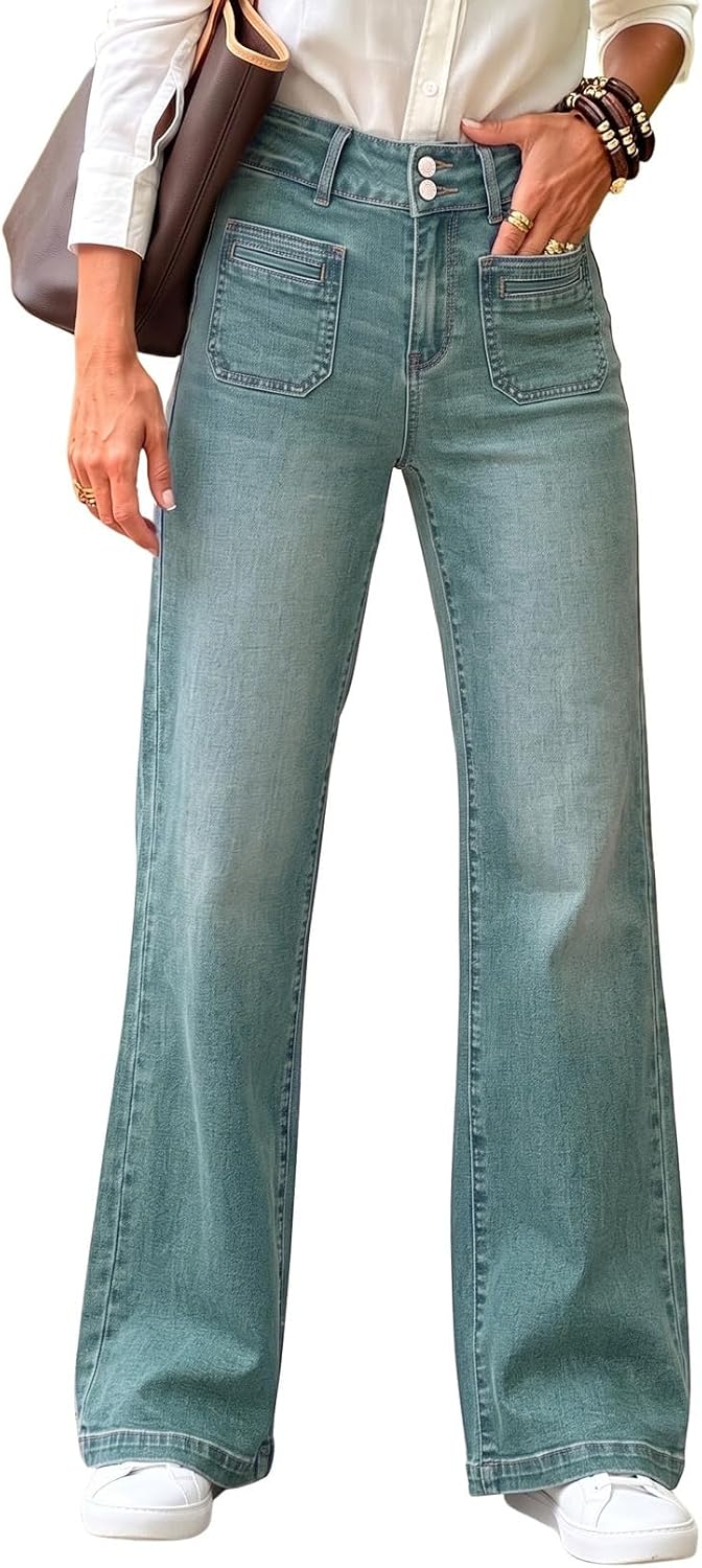 Women's Wide Leg Jeans High Waisted Denim Pants | Double Button Waistband,Tummy Control,Front Patch Pockets,Full Length,High Rise,Stretchy Fabric,Casaul Daily Wear