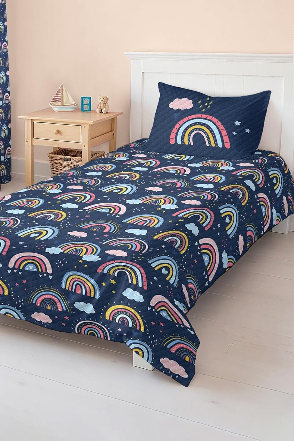 SODEF Quilt Set Single Size Kids Rainbow and Cloud Design, Navy Blue, Cotton Polyester Blend, 2 Piece Bedspread for Children - Multicolor, One Size