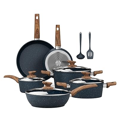 Kitchen Academy Induction Cookware Sets - 12 Piece Cooking Pan Set, Granite Black Nonstick Pots and Pans Set
