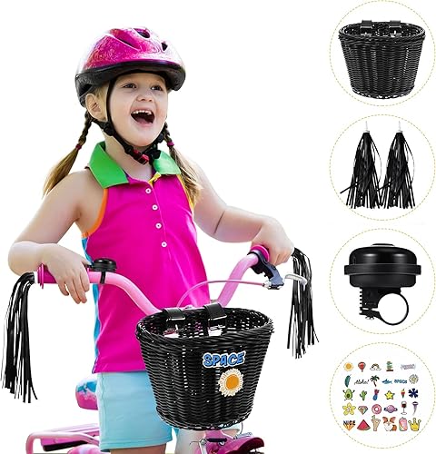 Miniatura 2 de Set de banderines para bicicleta para niños, cesta de mimbre para manillar de bicicleta con colores y campanas de bicicleta y calcomanías, kit de