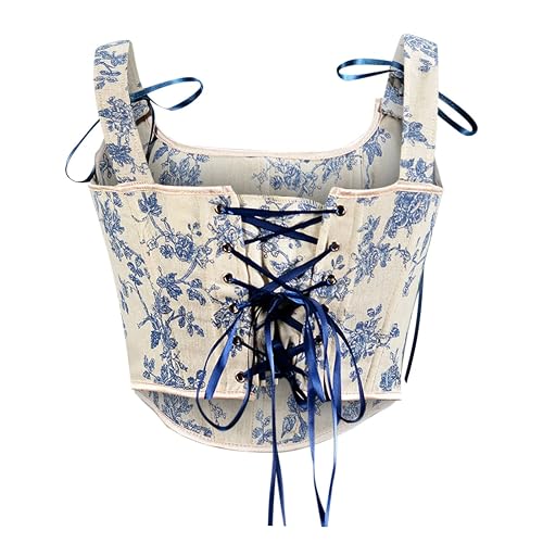 Women's Vintage Floral Lace Up Boned Camisole Bustier Royal Court Suspender Corset Fairy Crop Cami Tops Party Bodice - Large - Z01-blue