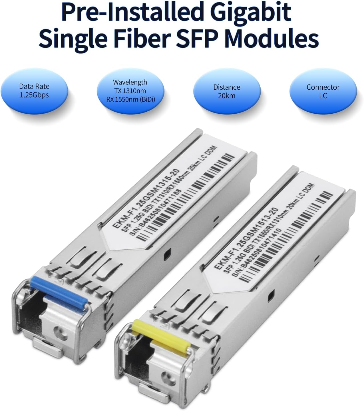 A Pair of Gigabit Single Mode LC Fiber Media Converter, with 2 SFP Modules, 1.25G SFP Bi-Directional Transceiver, 1310nm TX/1550nm RX, Digital Diagnostic Monitoring, Transmission up to 20km
