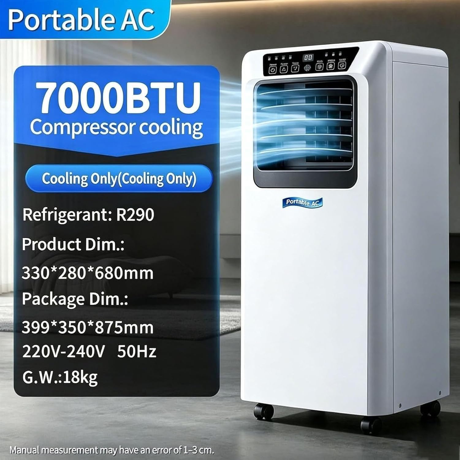 Aire Acondicionado Portátil 7000/9000 BTU Sin Unidad Exterior, Enfriamiento Silencioso para Dormitorios y Oficinas, Cable Muy Largo, Funcionamiento Silencioso c, 7000btu