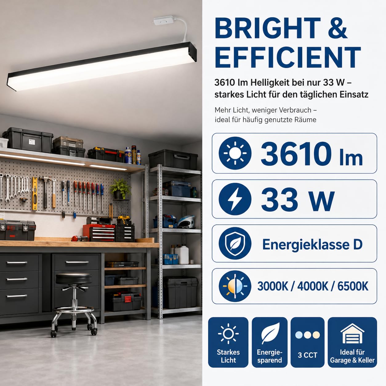 BrightFly LED Lichtleiste Schwarz 120 cm 2er Pack mit EU-Stecker, 3 Farbtemperaturen 3000K/4000K/6500K, 3610 lm, Moderne Deckenleuchte für Küche, Garage, Keller und Werkstatt