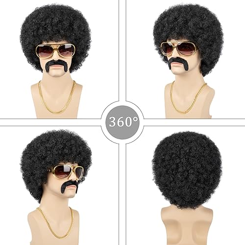 Miniatura 2 de Peluca afro para hombre peluca corta y rizada negra de los años 70 para hombres pelucas de discoteca de cabello sintético esponjoso natural para