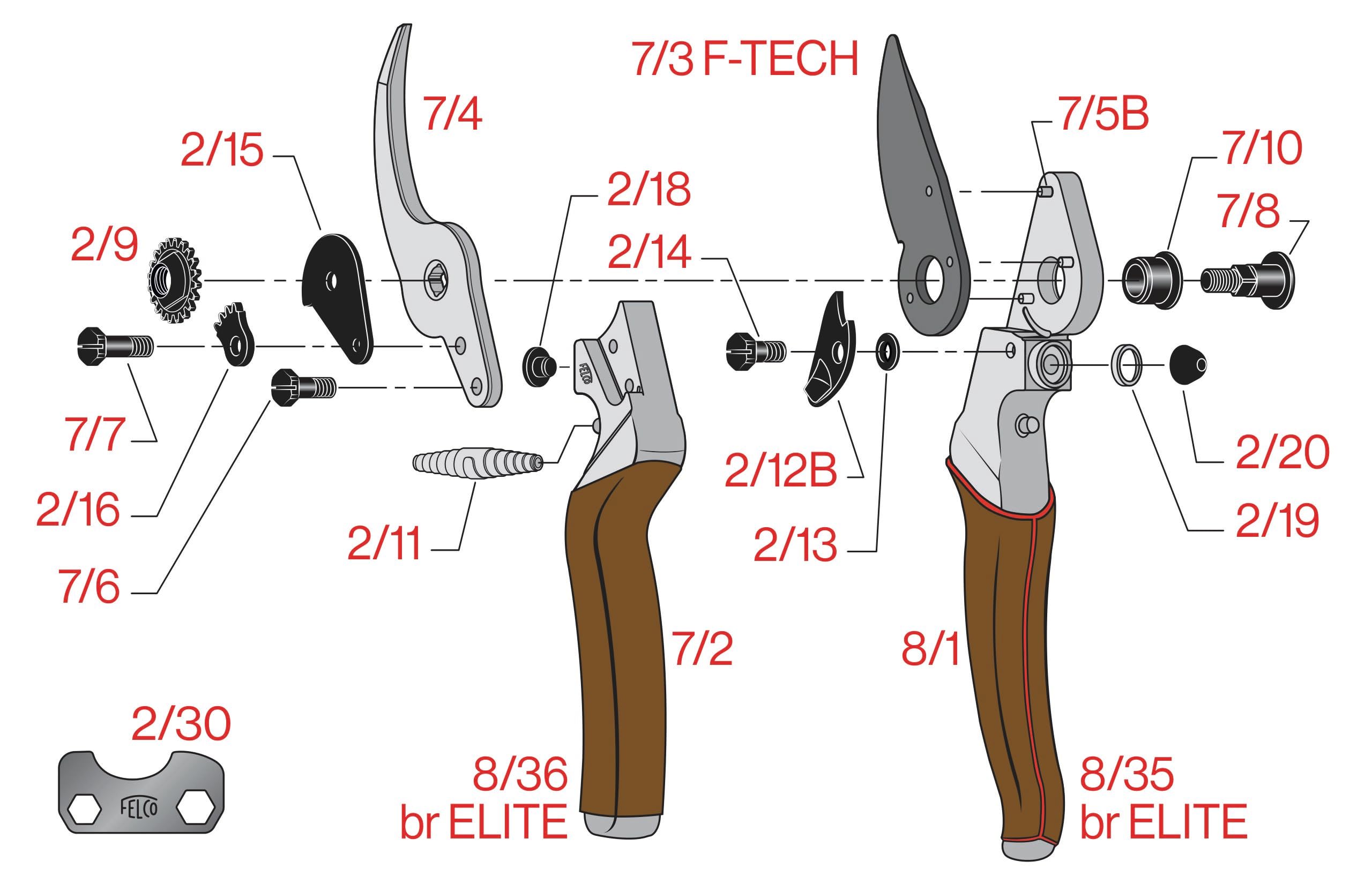 FELCO 8 Elite Cesoia da Potatura Bypass, Mano Destra, Mano Grande, 25mm, Lama F-Tech, Impugnature in Pelle Cucite a Mano, Testa Angolata, Made in Switzerland, Garanzia a Vita